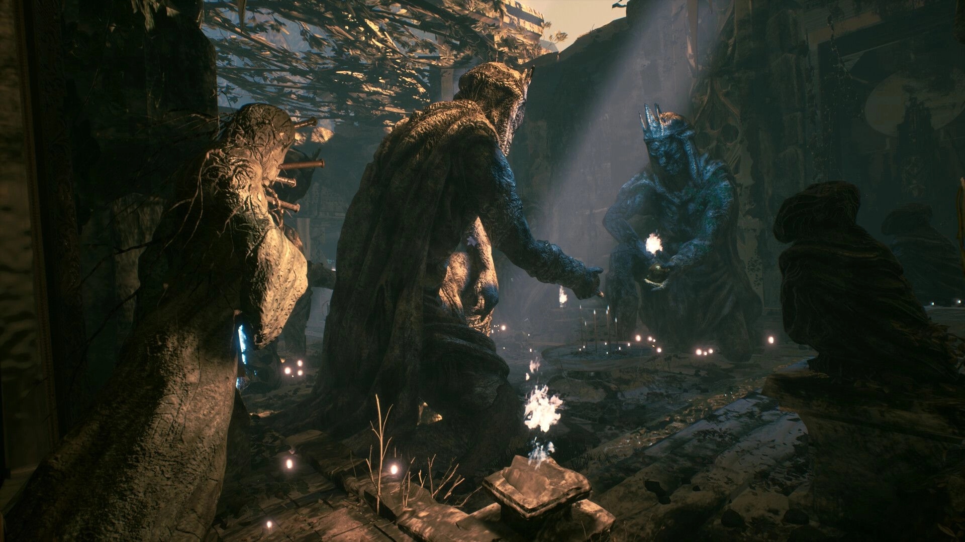 ASTHENIA: Cloaked figure confronts horned idol statue in ruined temple chamber lit by candles and sparks.