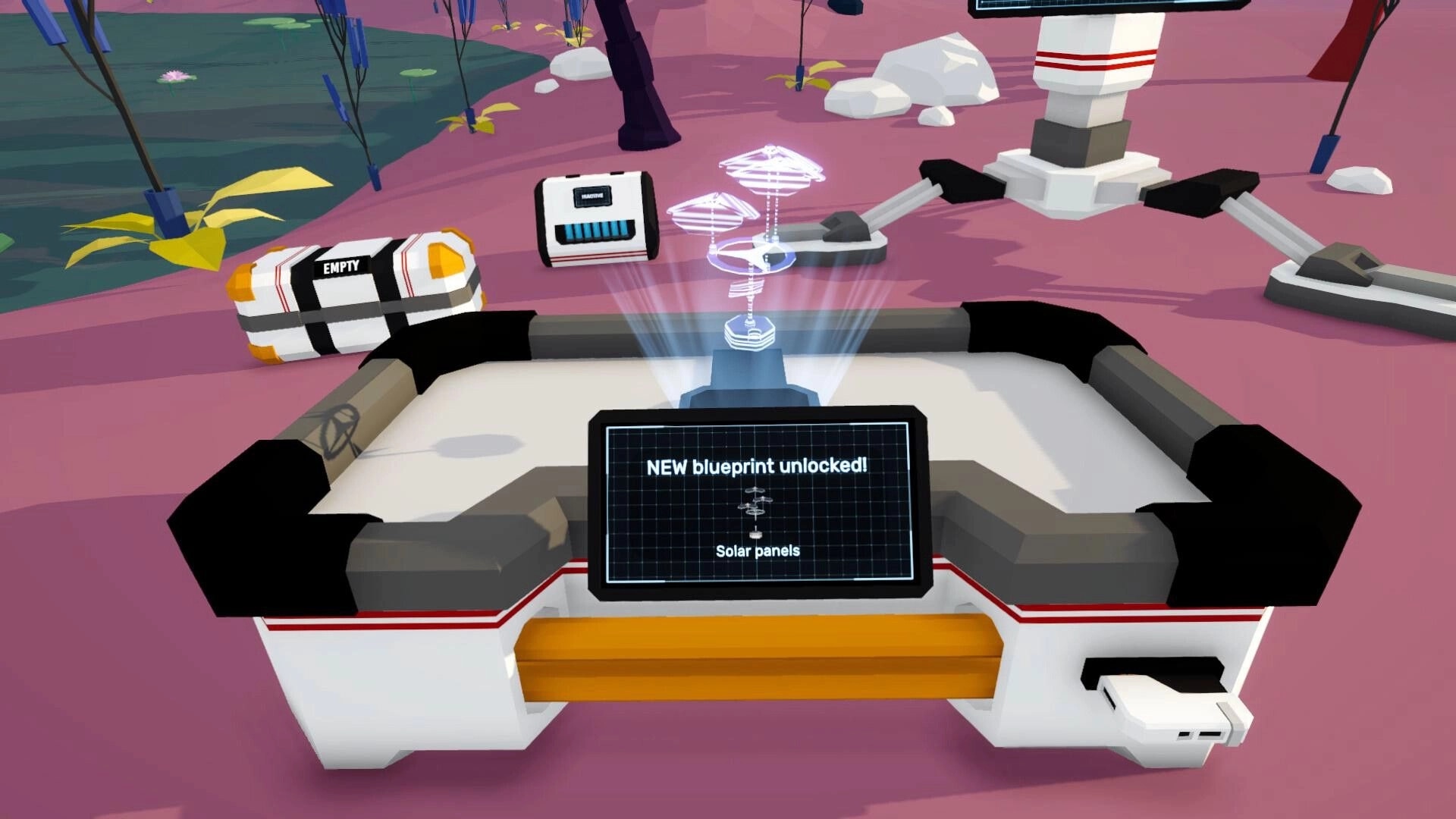 Astoaria: New blueprint unlocked for solar panels on a floating island with various tech devices nearby.