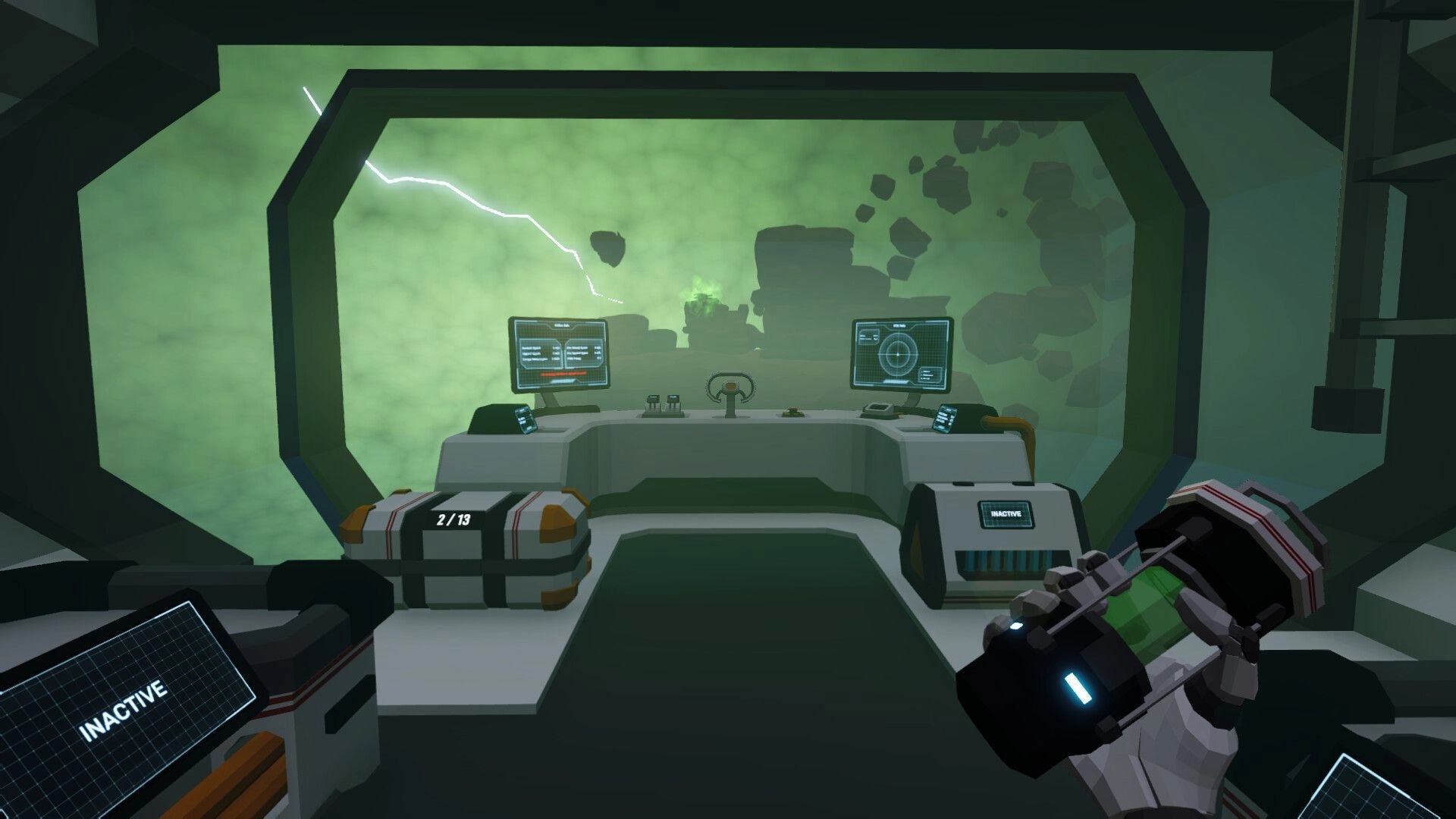 Astoaria: Airship cockpit view with control panels and a character holding a glowing green canister