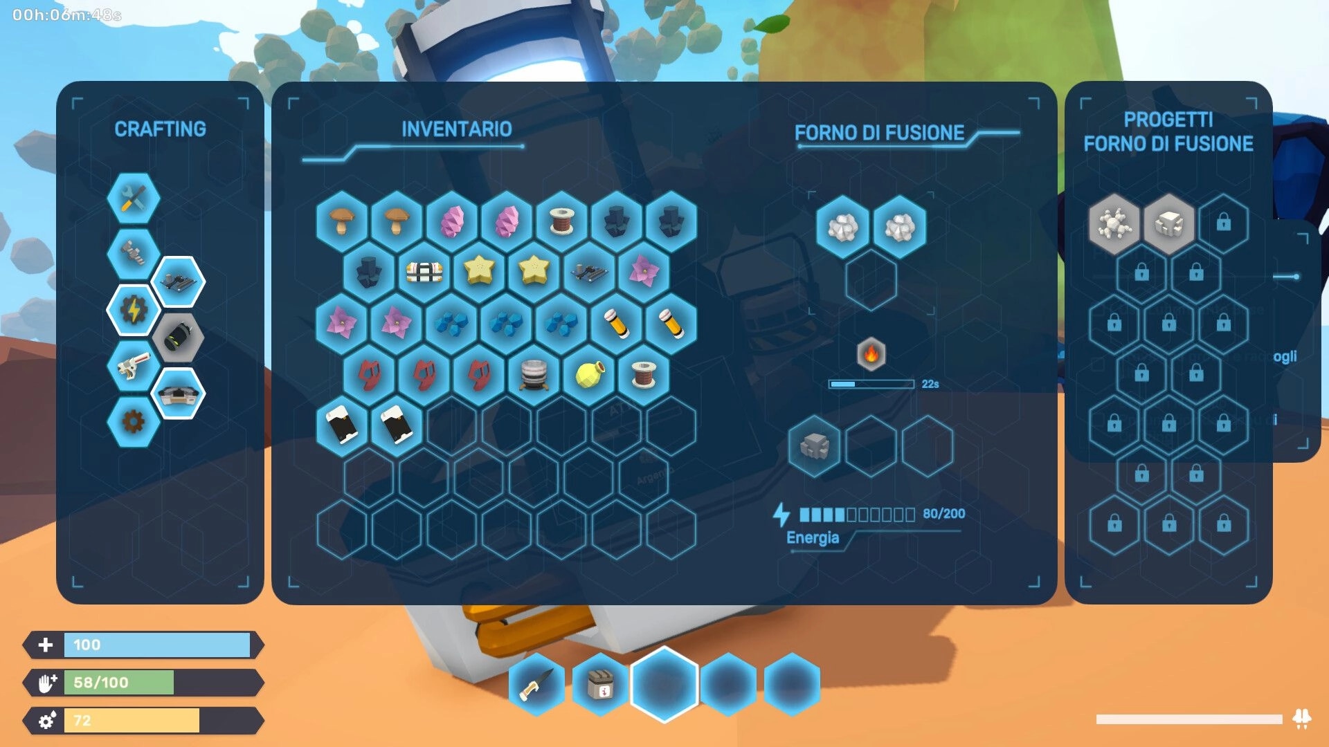 Astoaria: Inventory and crafting menus displayed on a floating island with resource icons visible.