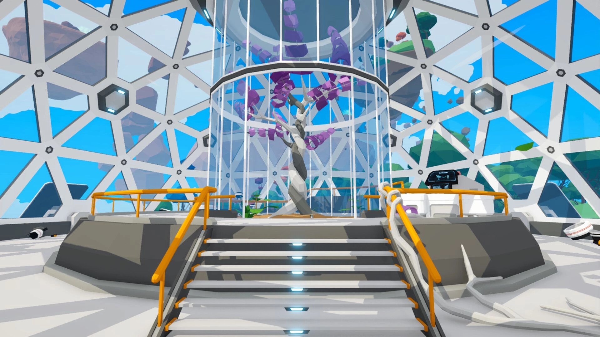 Astoaria: Inside a futuristic dome with a glass-encased tree and floating islands visible through windows