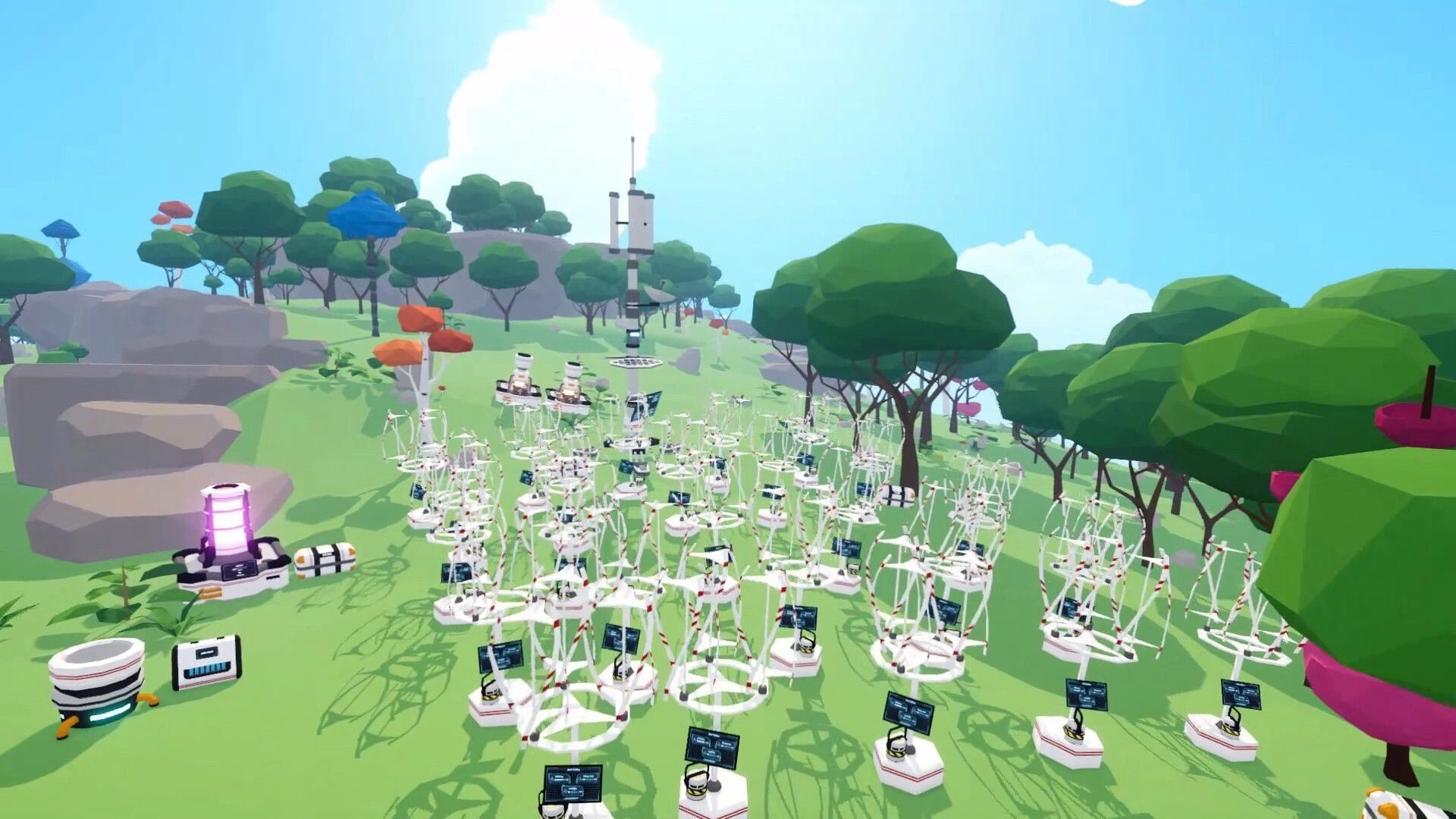 Astoaria: Array of energy devices on a lush island with trees and distant tower under clear sky