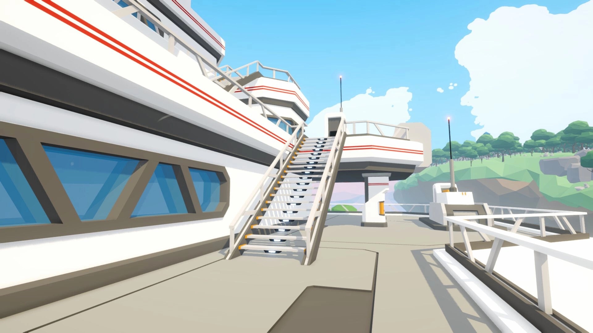 Astoaria: Airship deck with metal stairs, overlooking lush forest and clear sky on a floating island.
