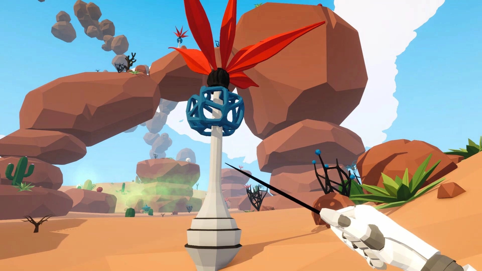 Astoaria: Player examines strange plant with red leaves in a desert environment with floating rocks