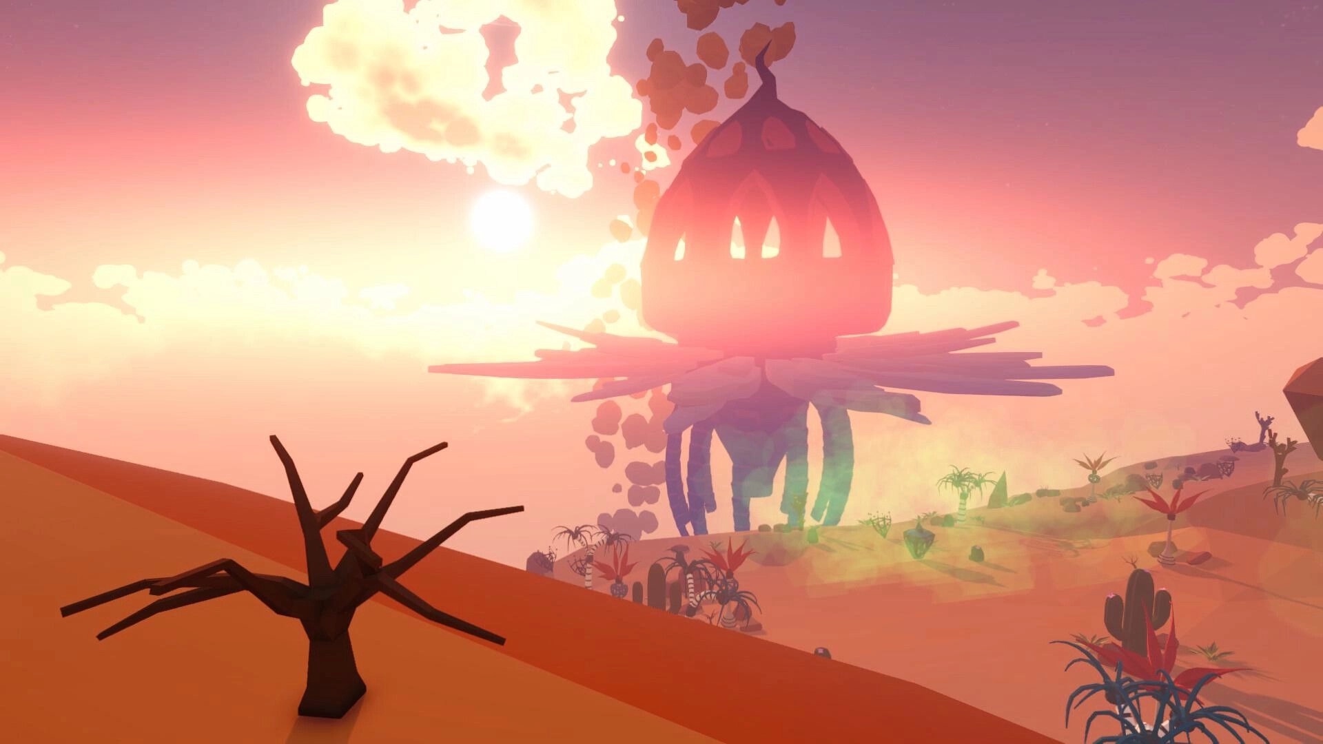Astoaria: Surreal landscape with a giant plant structure and a barren tree under a colorful sky.