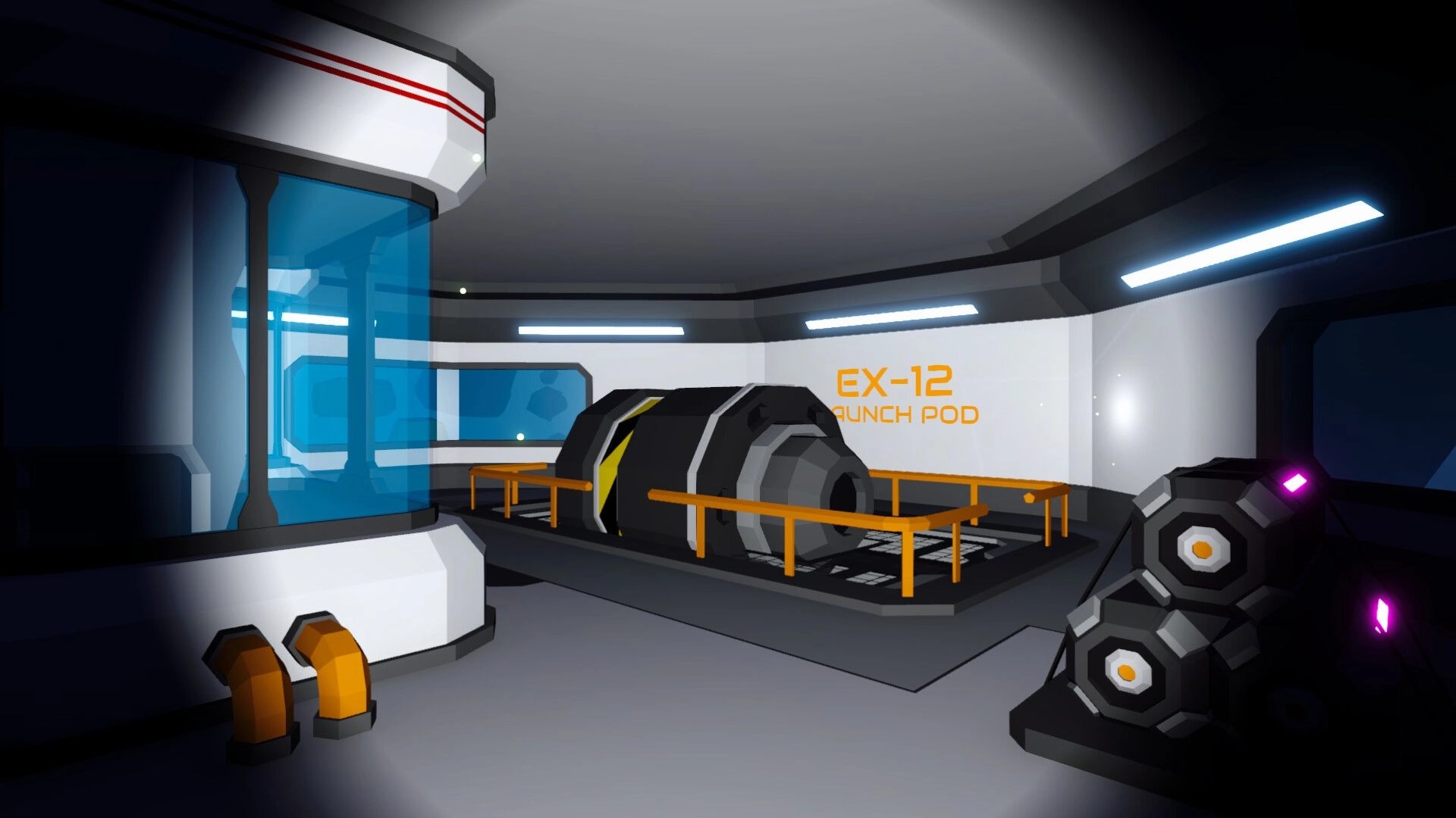 Astoaria: Interior of EX-12 launch pod bay with control panels and futuristic lighting fixtures.