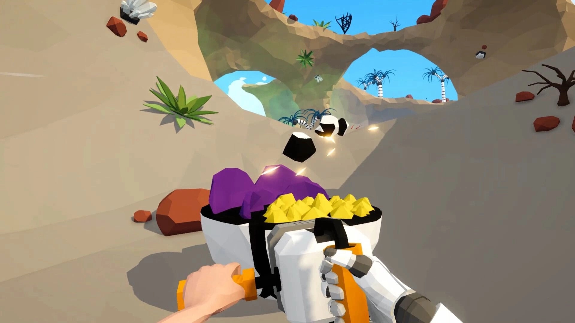 Astoaria: First-person view collecting resources on a sandy island with floating rocks and plants