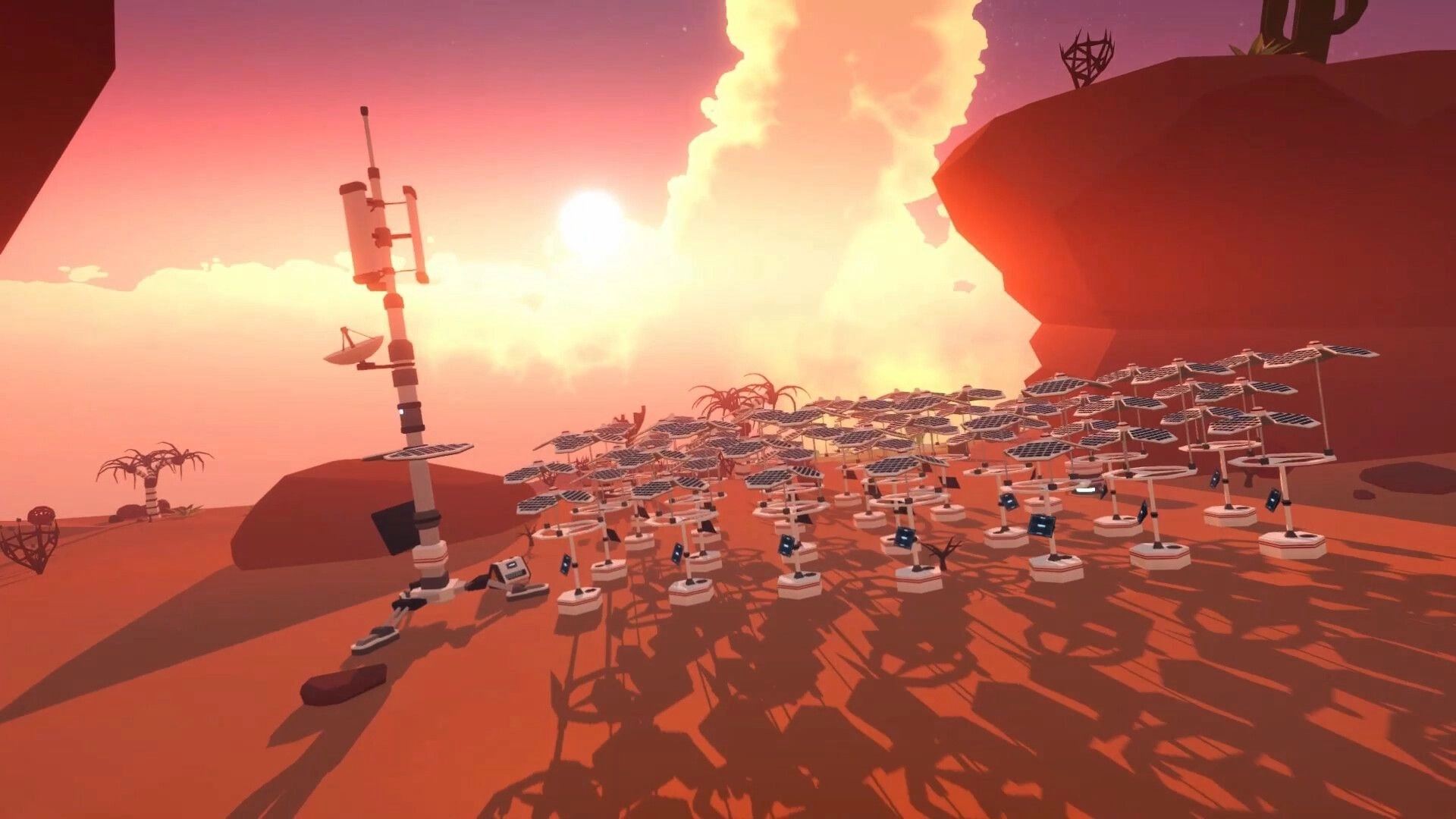 Astoaria: Sunset over a desert island with solar panels and a communication tower in the foreground