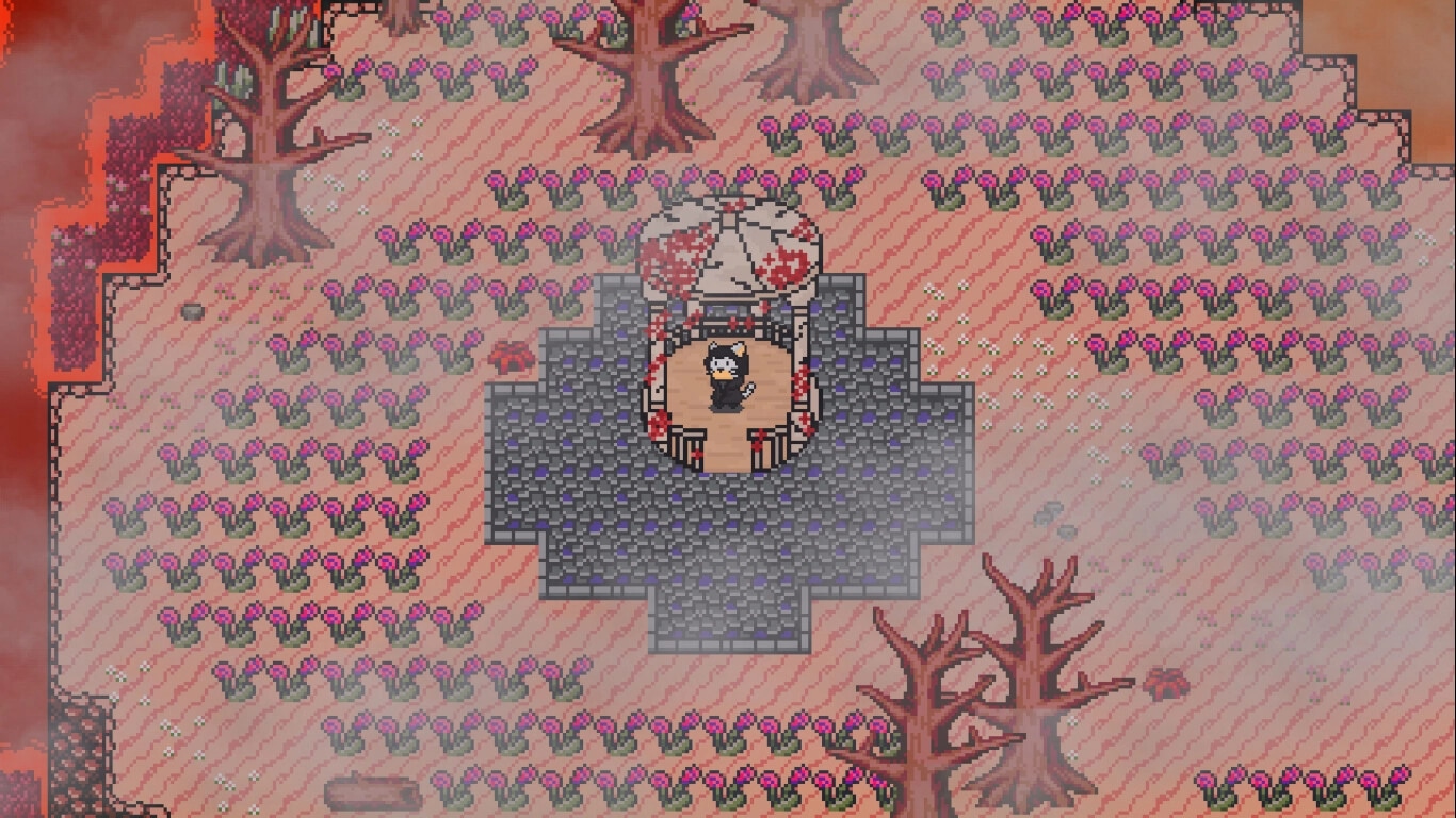 Astral Wield: Felix stands on a stone platform surrounded by eerie pink flowers and barren trees