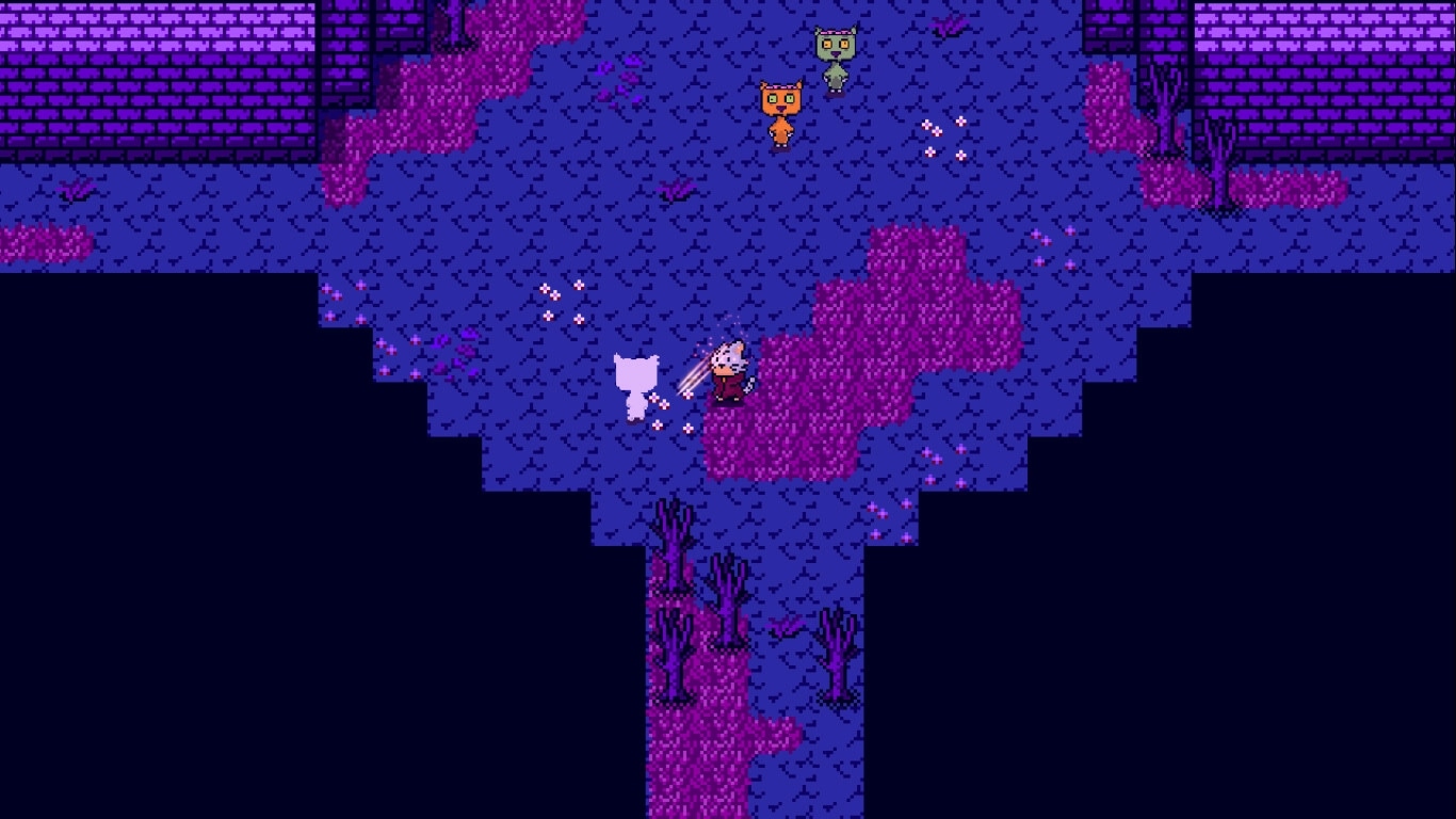 Astral Wield: Felix encounters mystical creatures in a pixelated purple landscape with castle ruins.