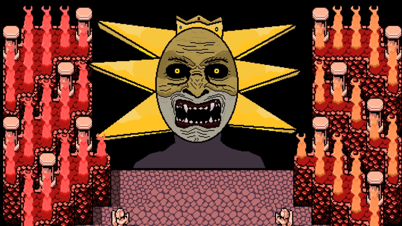 Astral Wield: Giant menacing face of the evil King with a crown, surrounded by red flames in a dark realm.