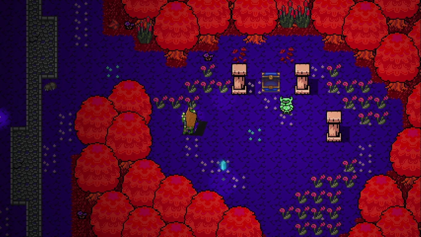 Astral Wield: Felix explores a mystical forest clearing with red trees and a chest surrounded by statues.