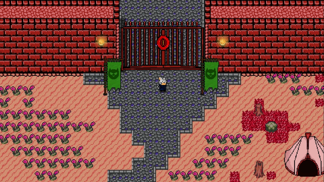 Astral Wield: Felix approaches a locked gate in a desert area with red brick walls and pink flowers.