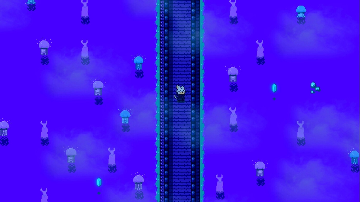 Astral Wield: Felix traverses a mystical bridge surrounded by glowing jellyfish in a vibrant blue realm