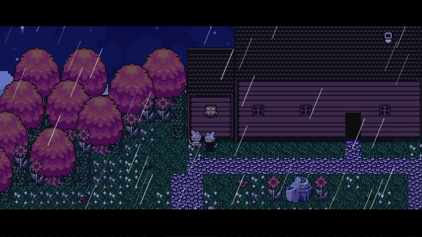 Astral Wield: Felix stands by a cabin in a rainy forest, surrounded by pink trees and flowers.