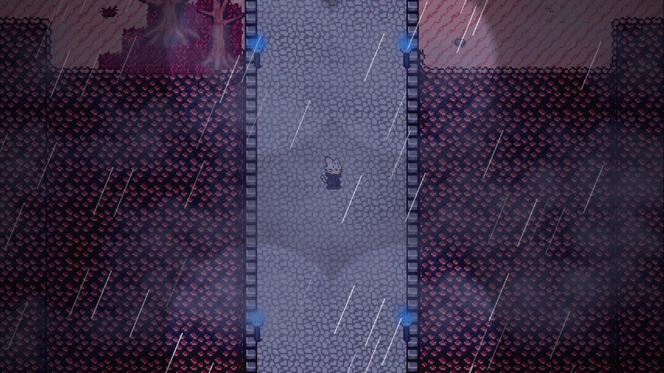 Astral Wield: Felix walks on a cobblestone path in rain, surrounded by dark forest and blue torches.