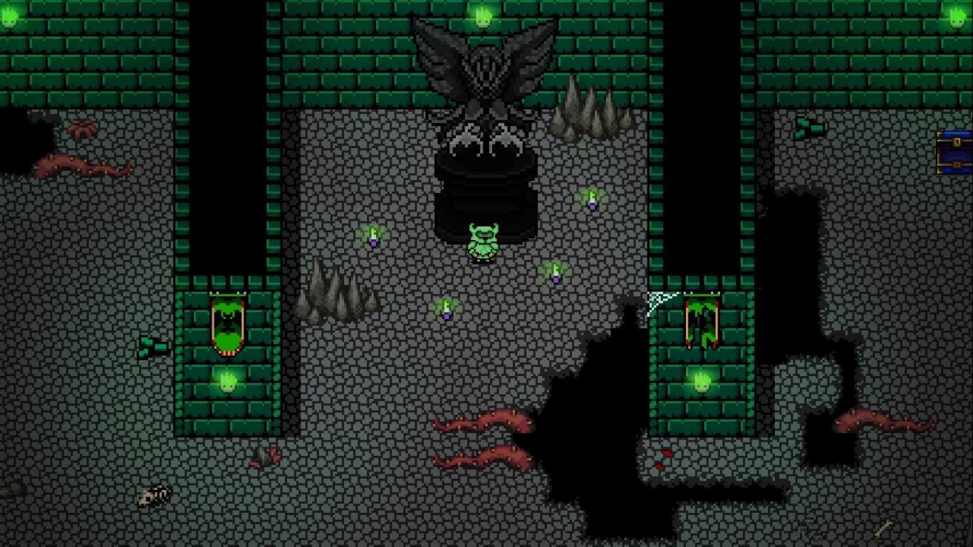 Astral Wield: Felix stands before a dark statue in a dimly lit dungeon with glowing green torches.