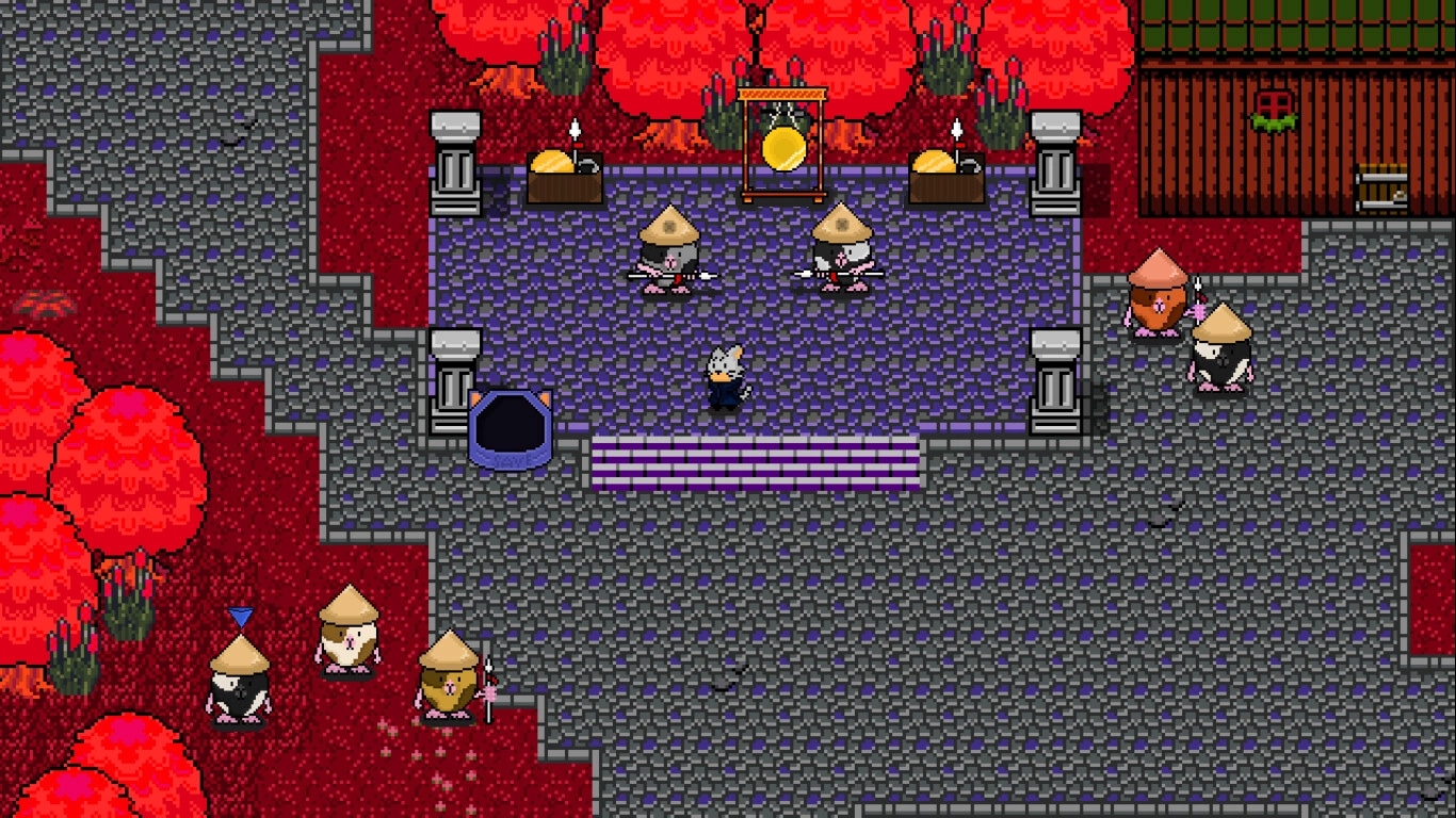 Astral Wield: Felix explores a mystical courtyard with guards and vibrant red trees in the background.
