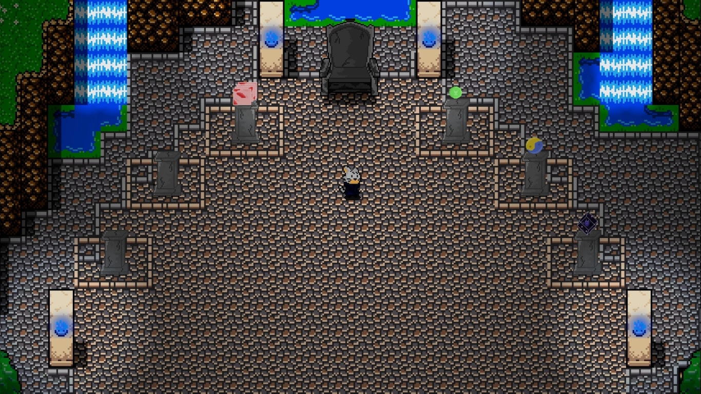 Astral Wield: Felix stands in a stone chamber with mysterious glowing orbs and cascading waterfalls.