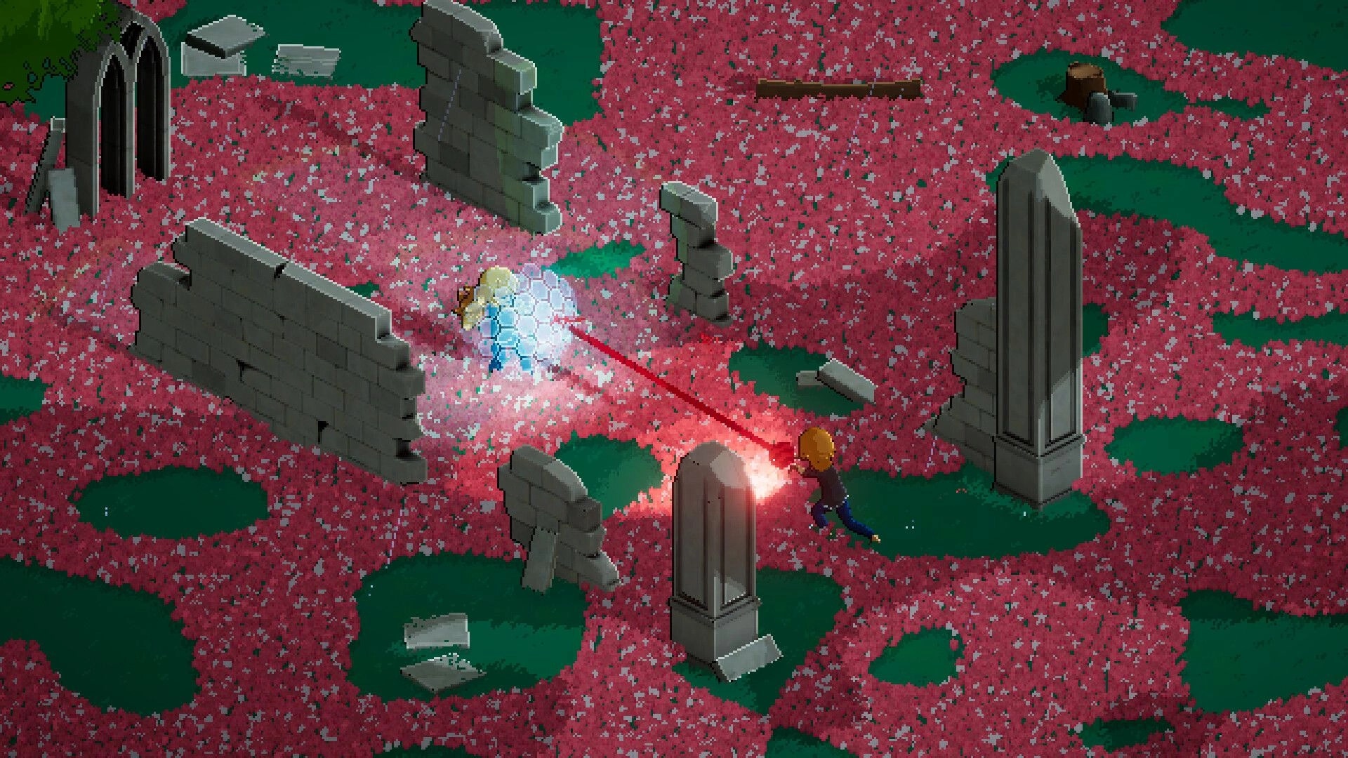 Astralith: Wizards battling with magic beams amid ancient ruins on a field of pink flowers.