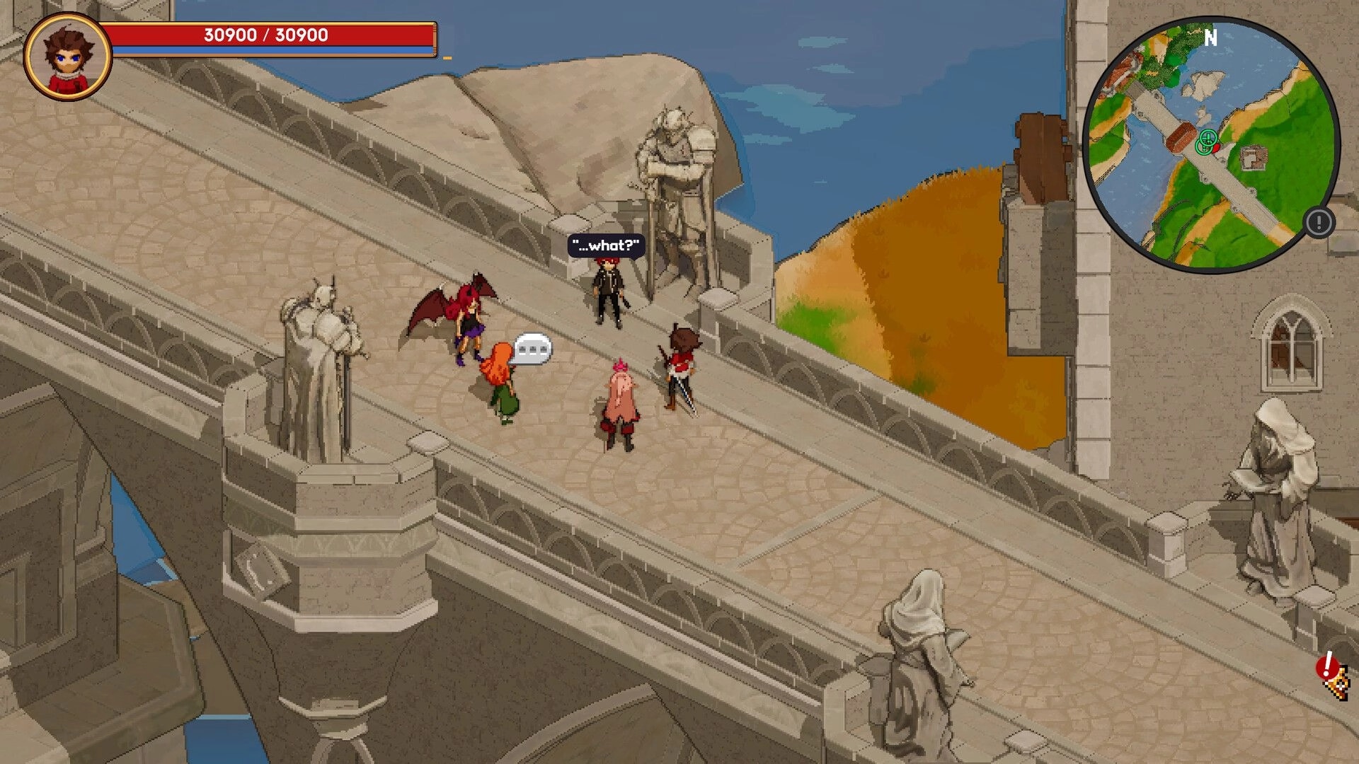 Astralith: Characters conversing on a stone bridge with statues and a map interface in the top right corner.