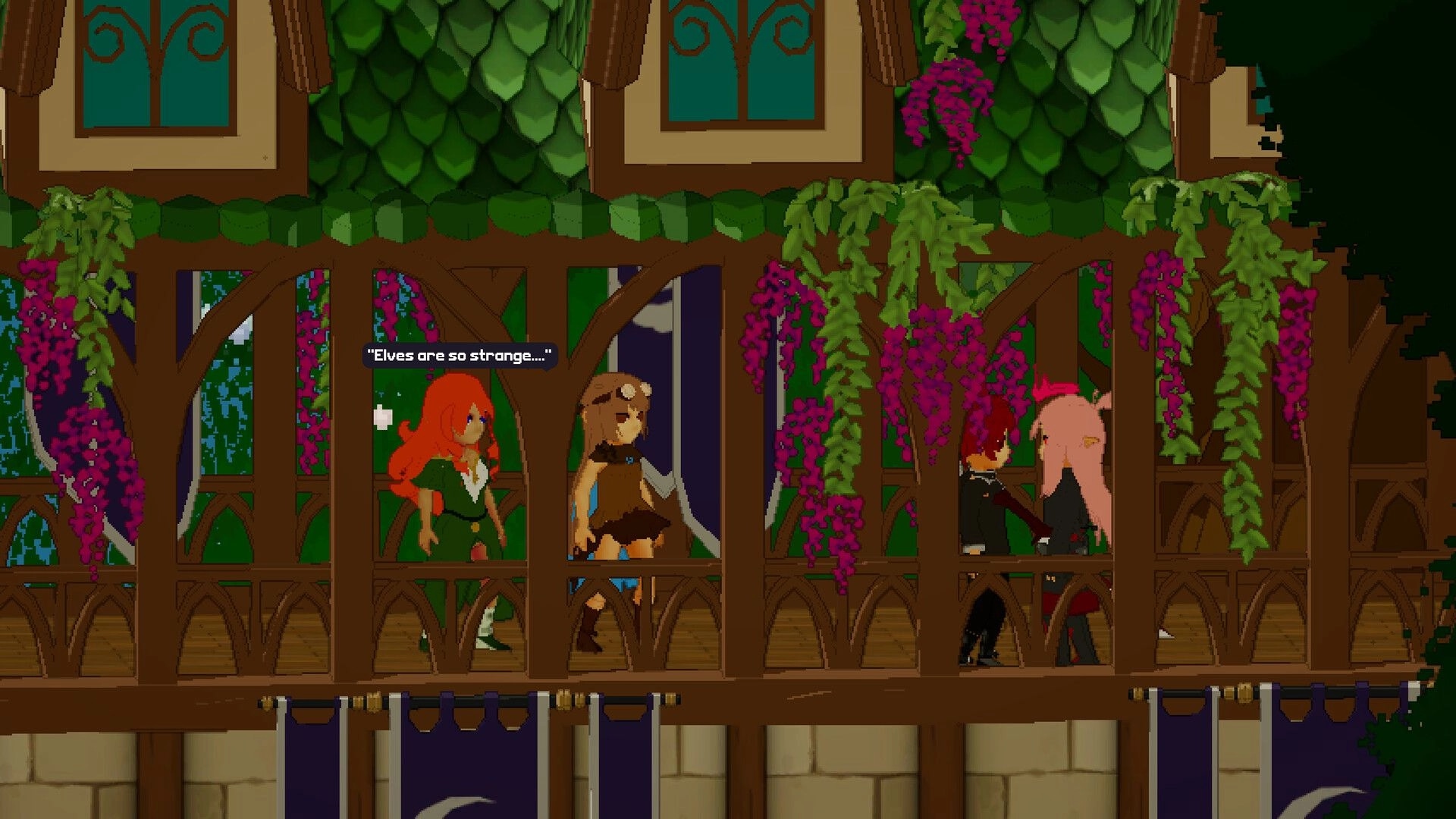 Astralith: Three characters converse on a wooden bridge with lush greenery and hanging purple flowers.