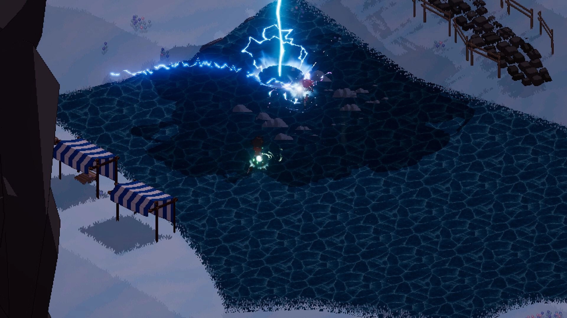 Astralith: Wizard casts lightning spell in snowy arena with icy water and market stalls nearby