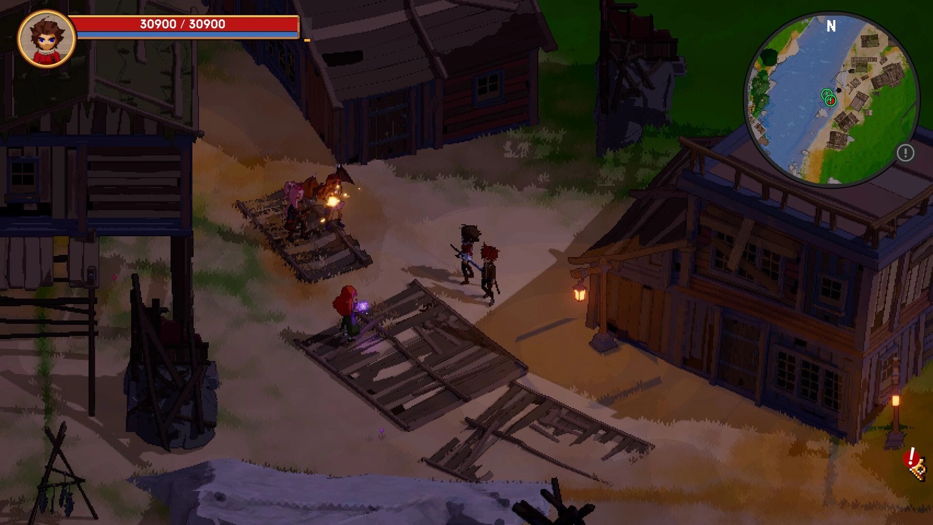 Astralith: Wizards exploring a village at night with health bar and mini-map in the top corners