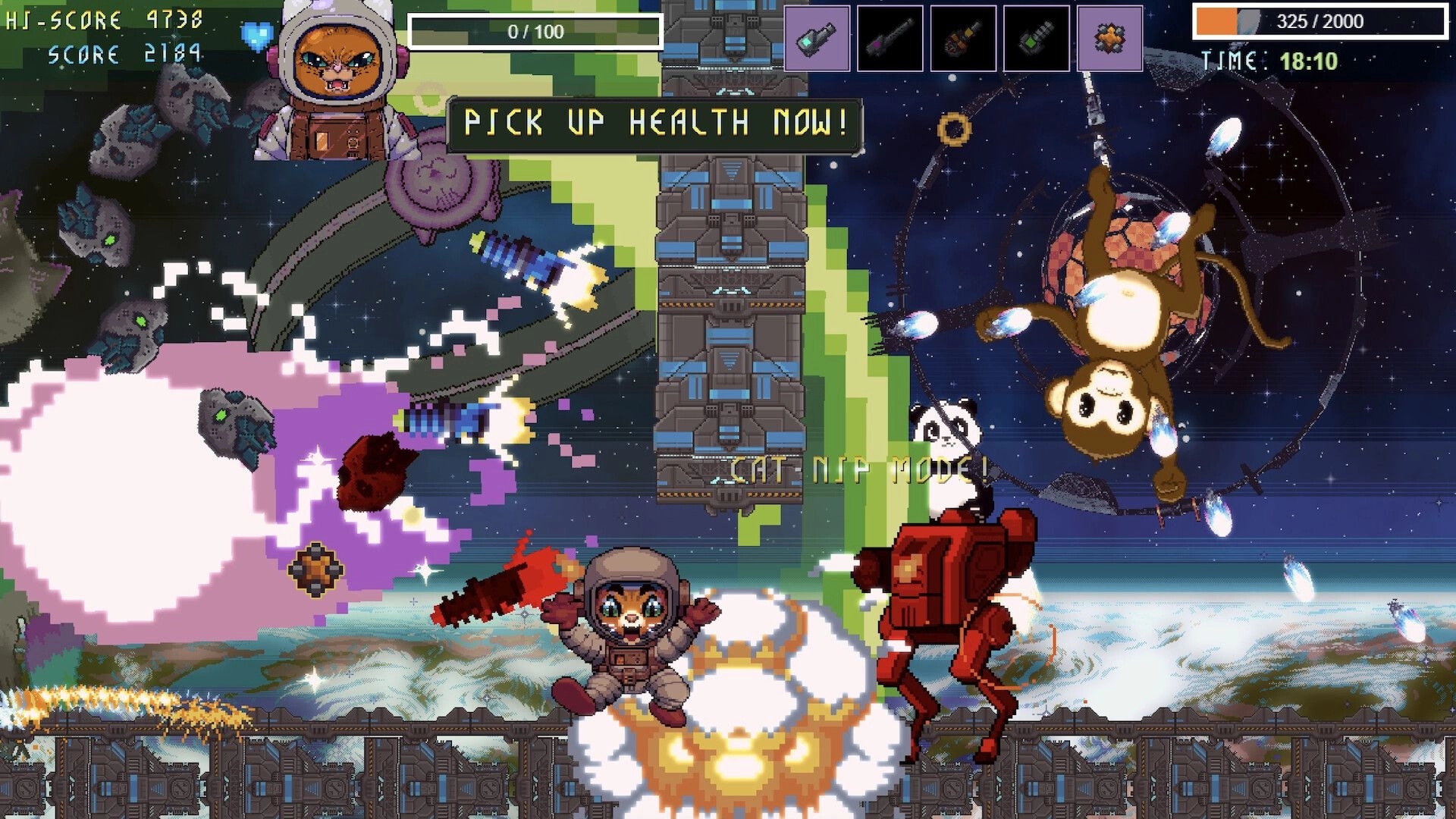 Astro Burn: Astro the space cat dodging bullets in a chaotic space battle with giant monkey mech in view.