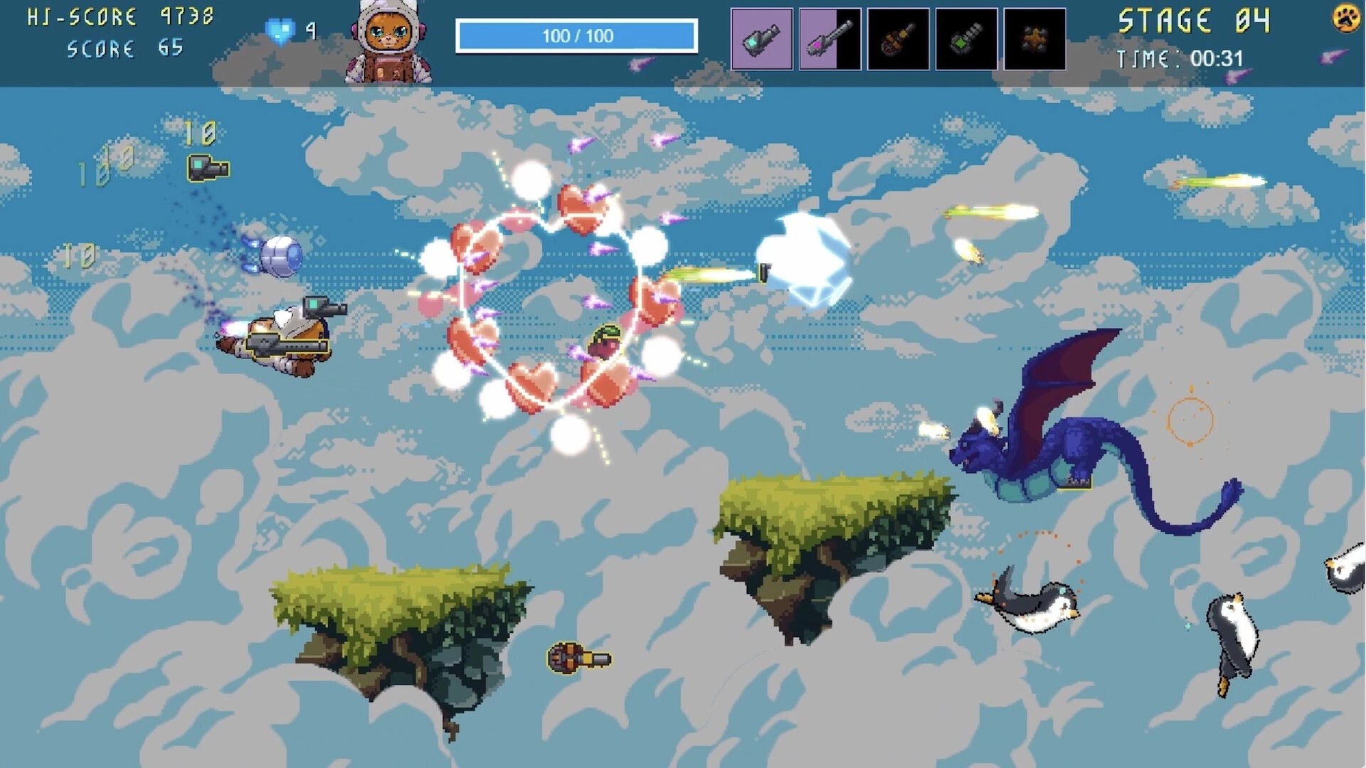 Astro Burn: Space cat Astro battles enemies in sky with giant dragon and penguins during Stage 04