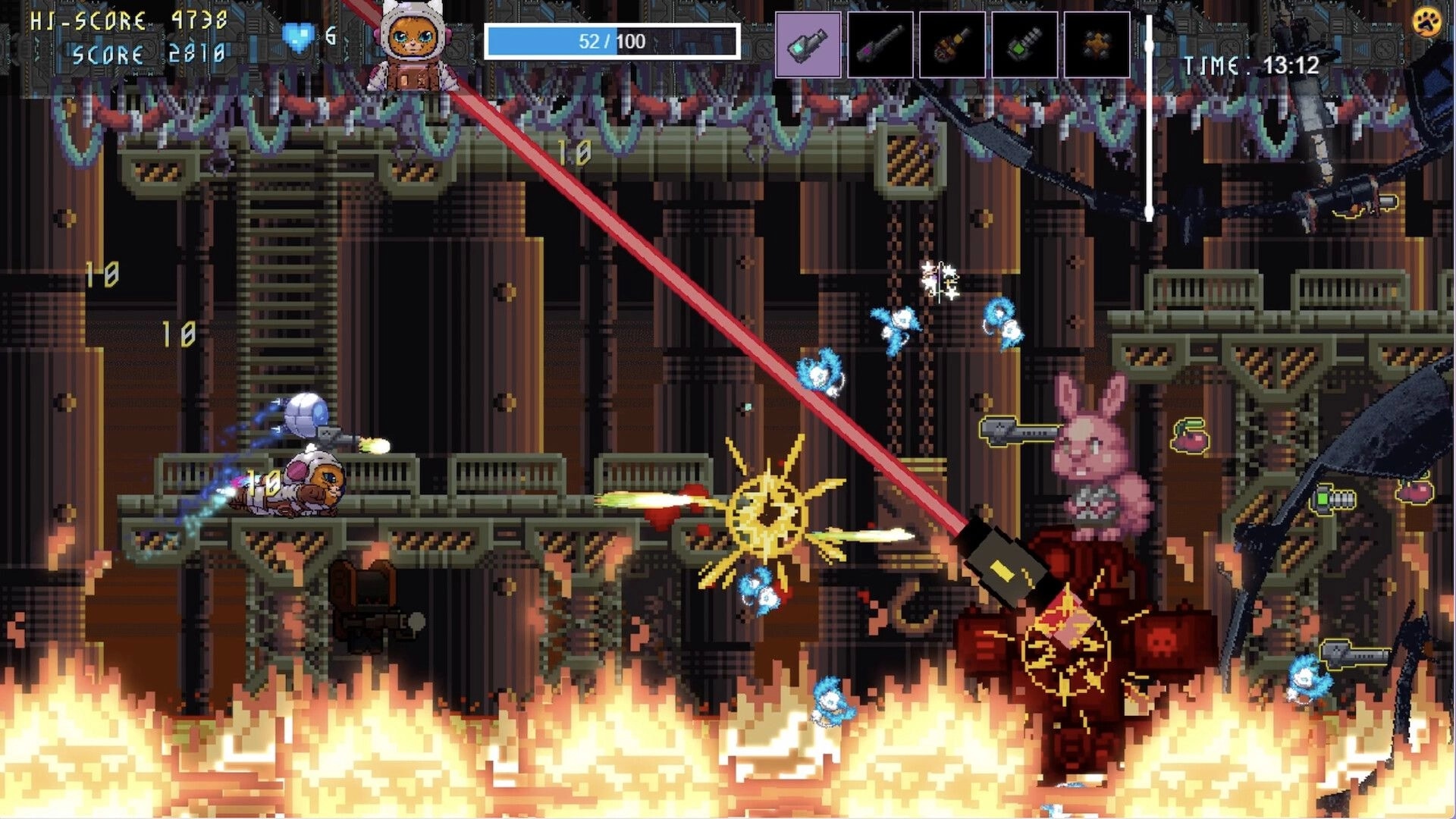 Astro Burn: Astro dodging lasers and shooting enemies in a fiery industrial arena with score display