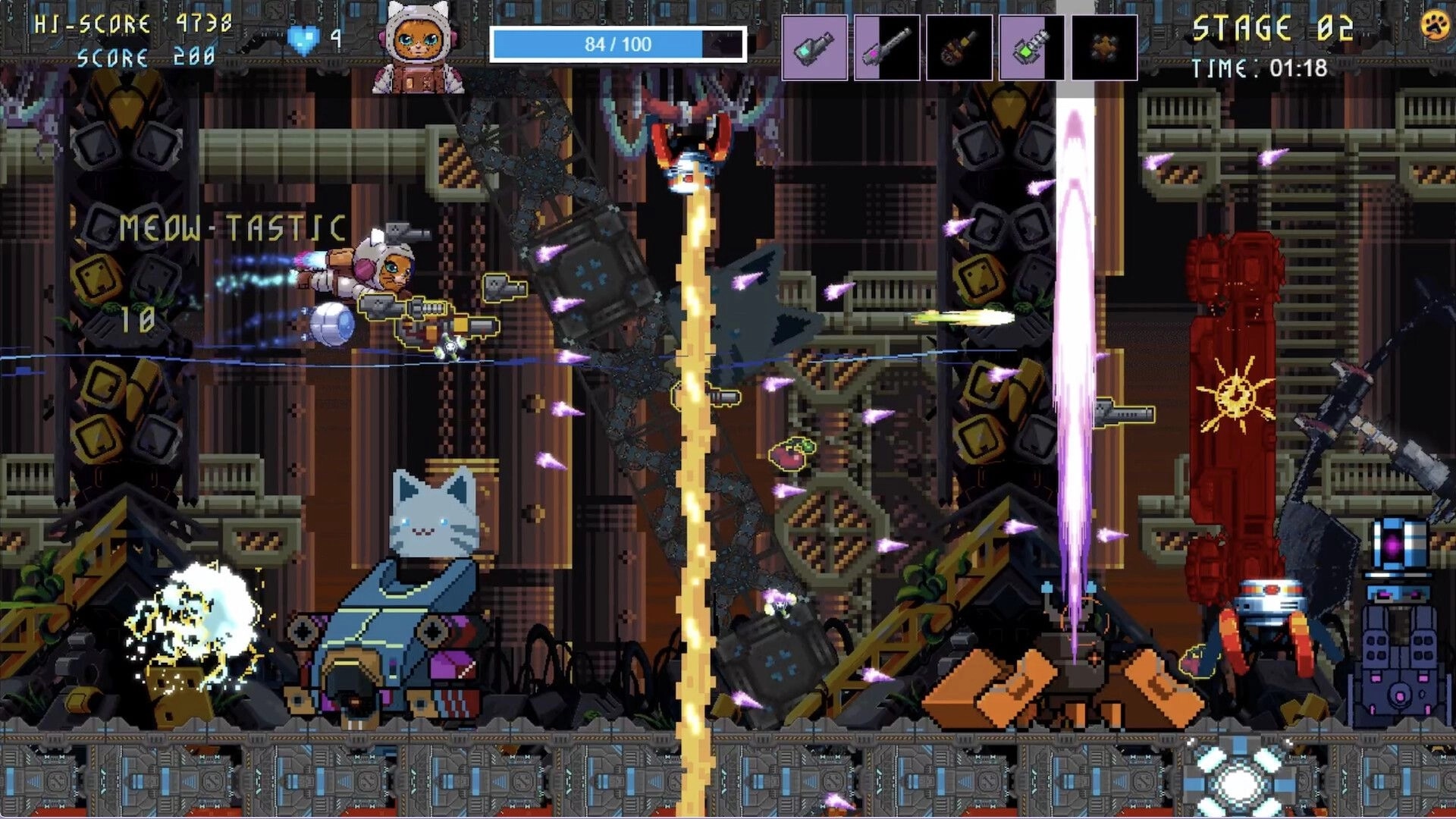 Astro Burn: Astro in space combat firing lasers at enemies in a mechanical factory setting.