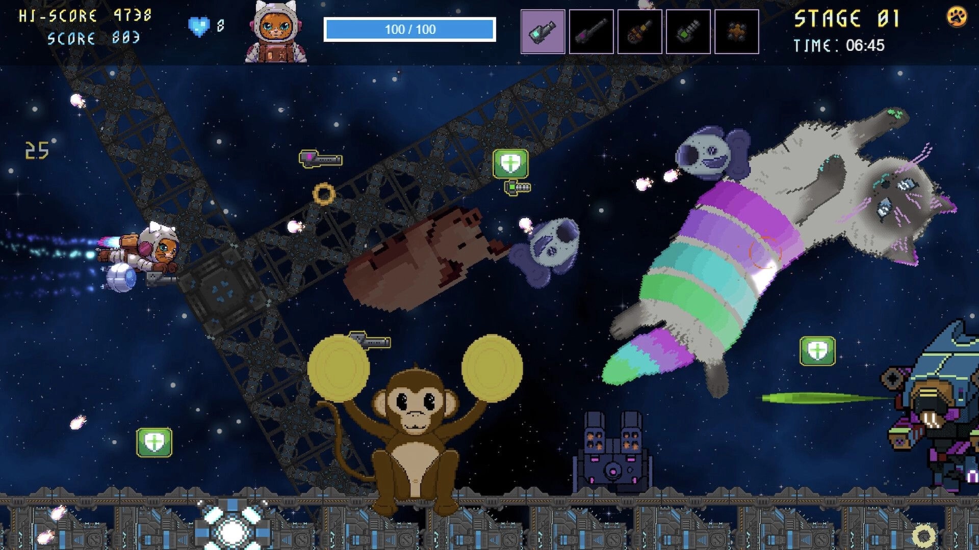 Astro Burn: Astro the space cat dodges bullets in space with colorful giant animals and mechs.