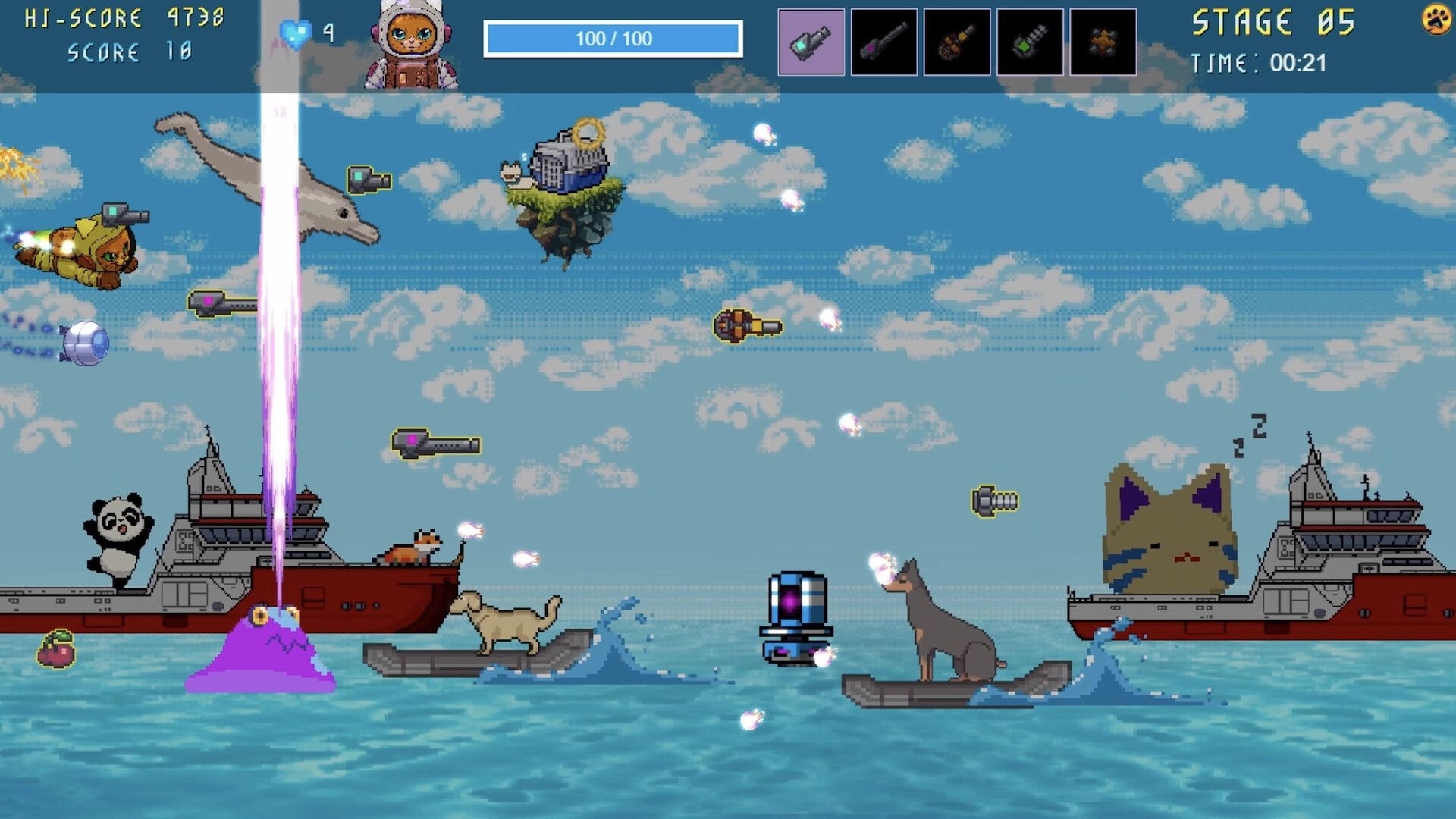 Astro Burn: Astro the cat dodges bullet-hell chaos over ocean with giant ships and adorable creatures