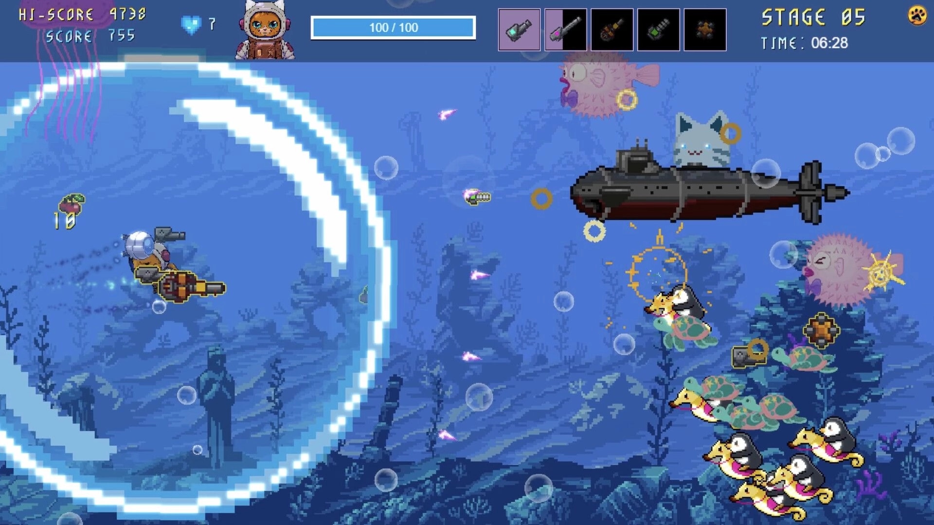 Astro Burn: Astro the space cat battling sea creatures in an underwater stage with giant submarine mechs