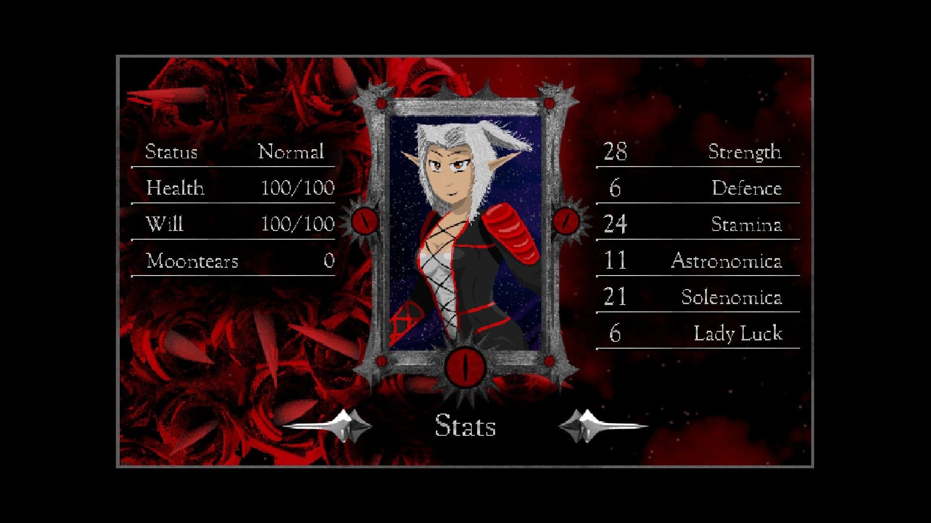 Astrobarian™: Stats menu with character portrait, health and will bars, and attribute list on red backdrop.