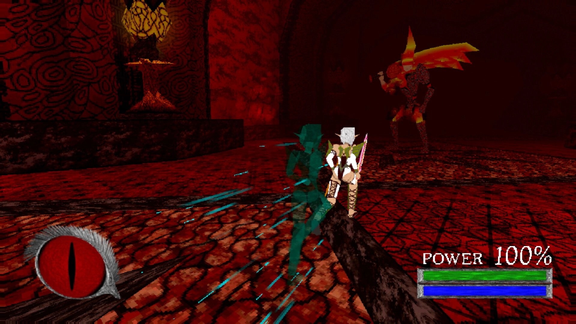 Astrobarian™: Third-person battle with ally and sword user facing winged demon in red cavern arena.
