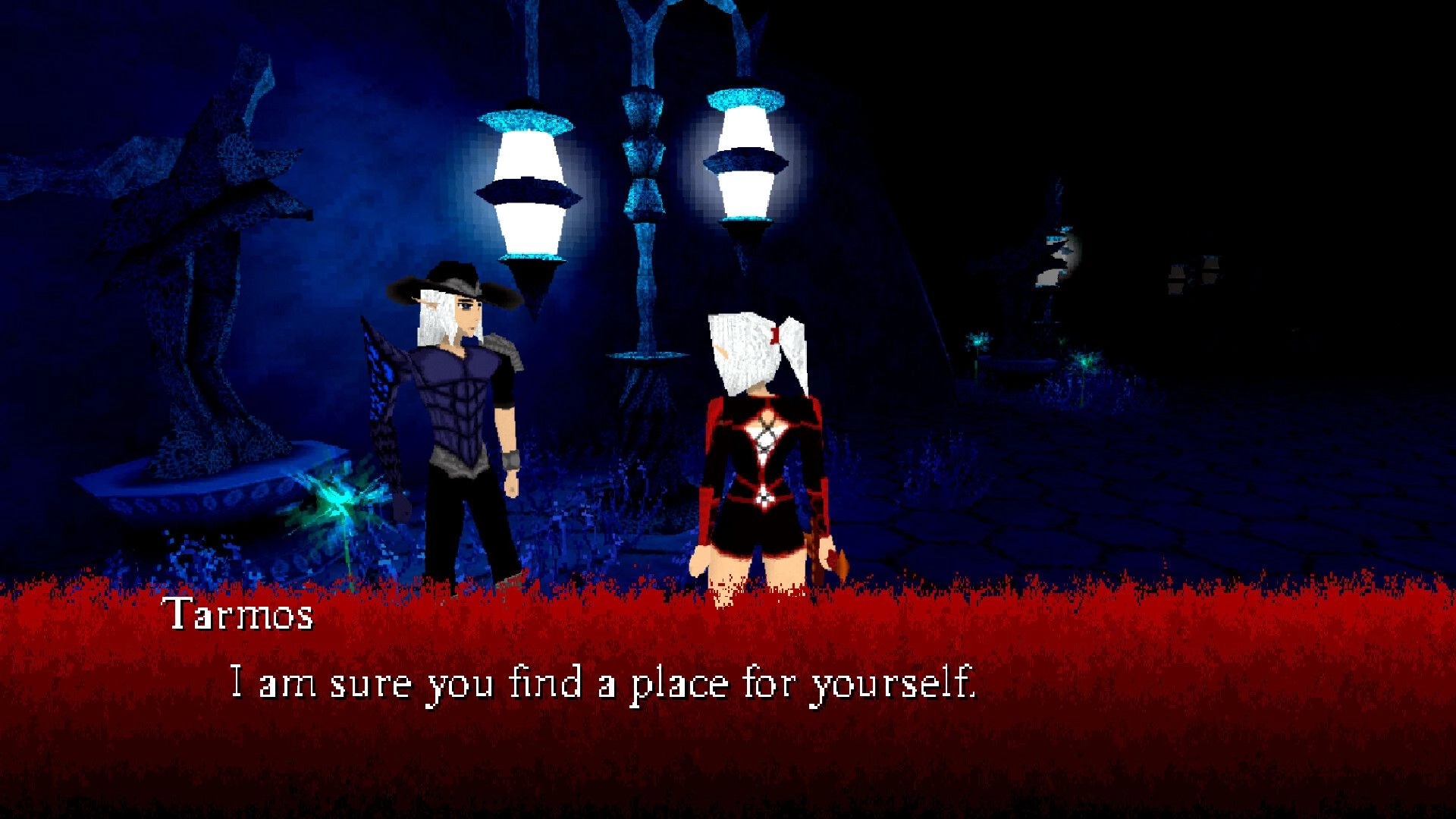 Astrobarian™: Dialogue scene with Tarnos beside a white-haired ally under blue lanterns in dark street.