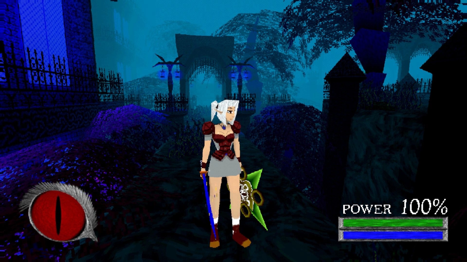 Astrobarian™: White-haired adventurer stands with sword near foggy gate, POWER 100% HUD visible.