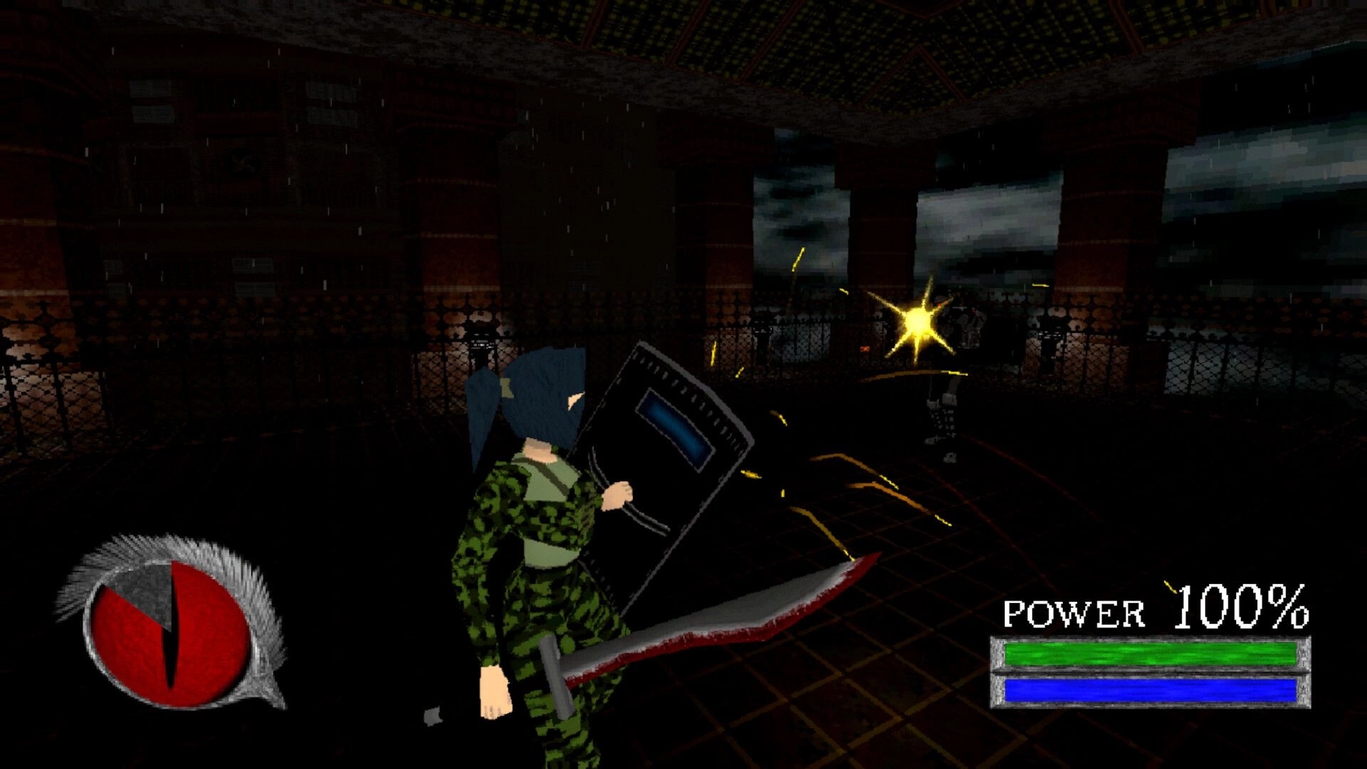 Astrobarian™: Third-person fighter with shield and sword in rainy arena, POWER 100% HUD visible.