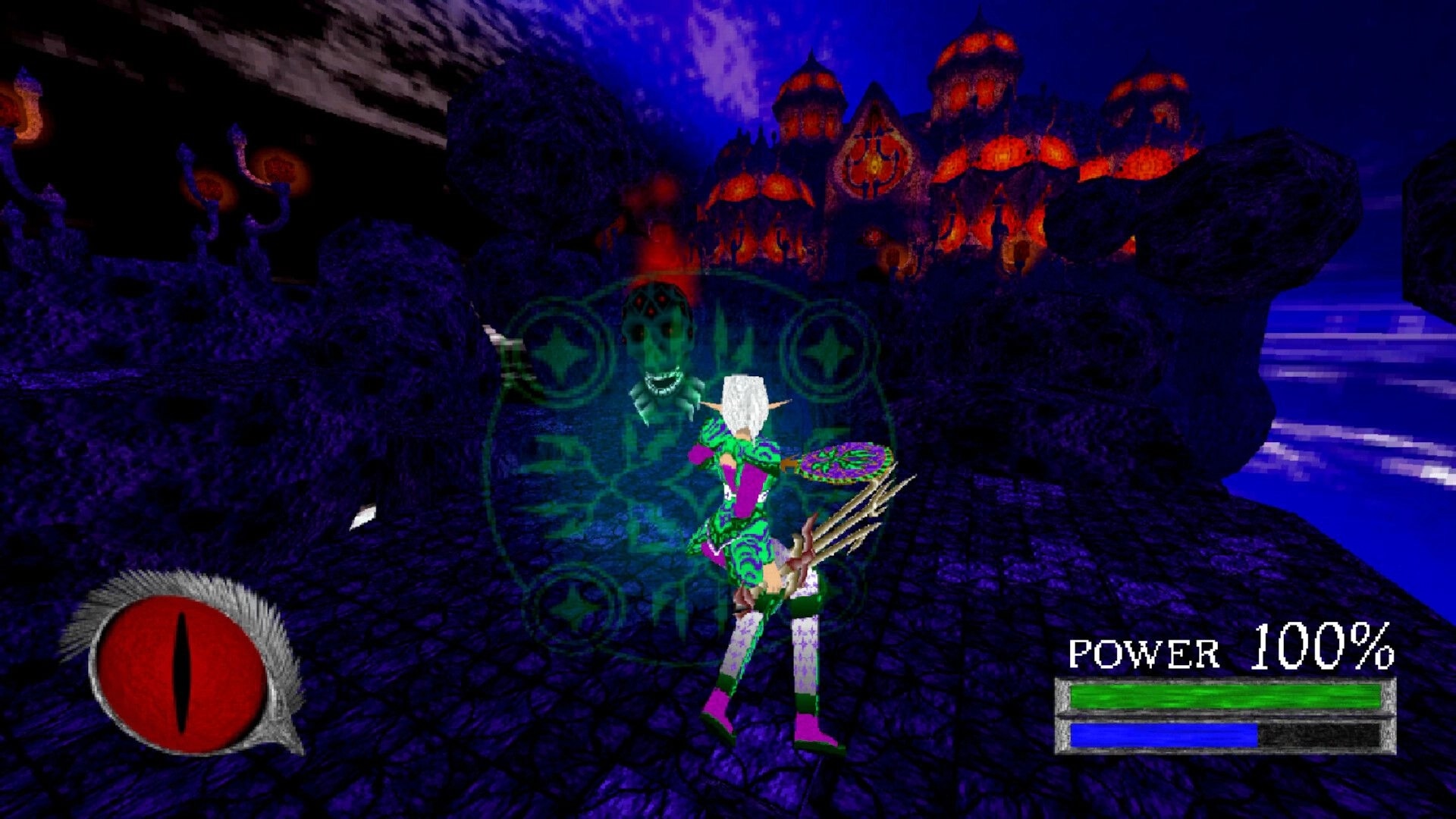 Astrobarian™: Third-person spellcasting at a skull enemy on a dark path, POWER 100% UI visible.