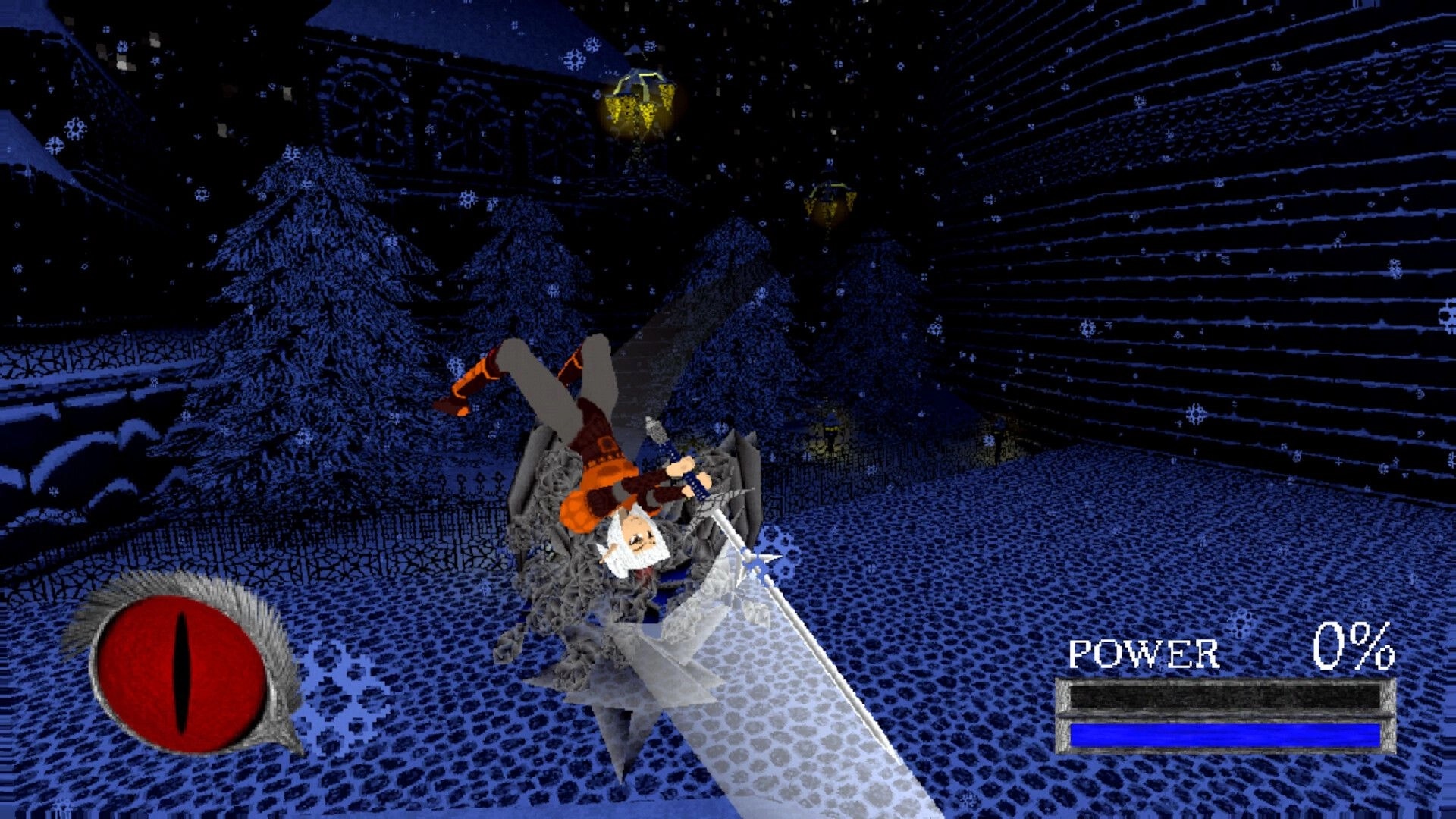 Astrobarian™: Player character knocked down by a winged foe in snowy courtyard, POWER 0% HUD.