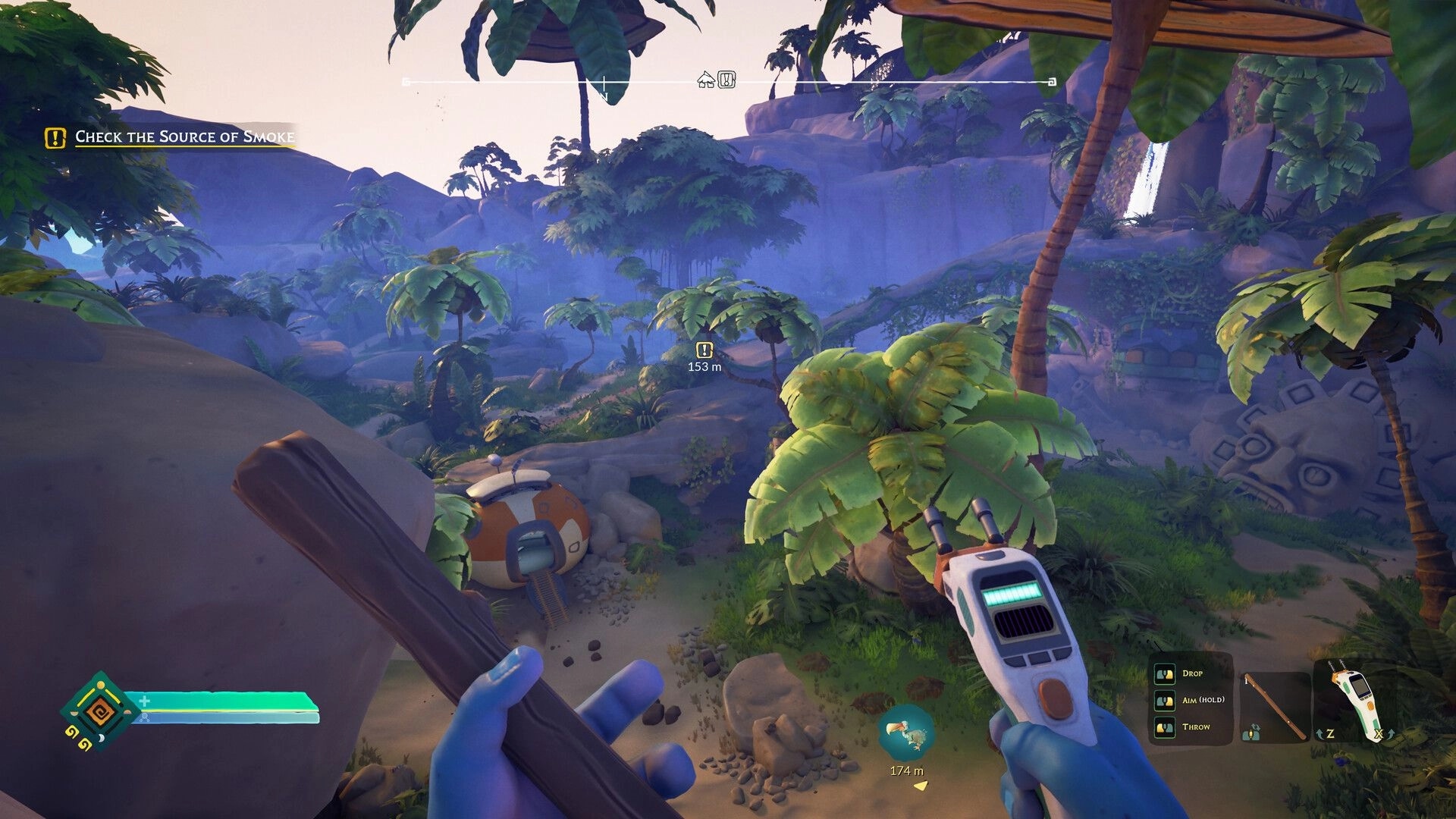 ASTROBOTANICA: Alien biologist explores lush prehistoric jungle with scanner and quest to find smoke source.