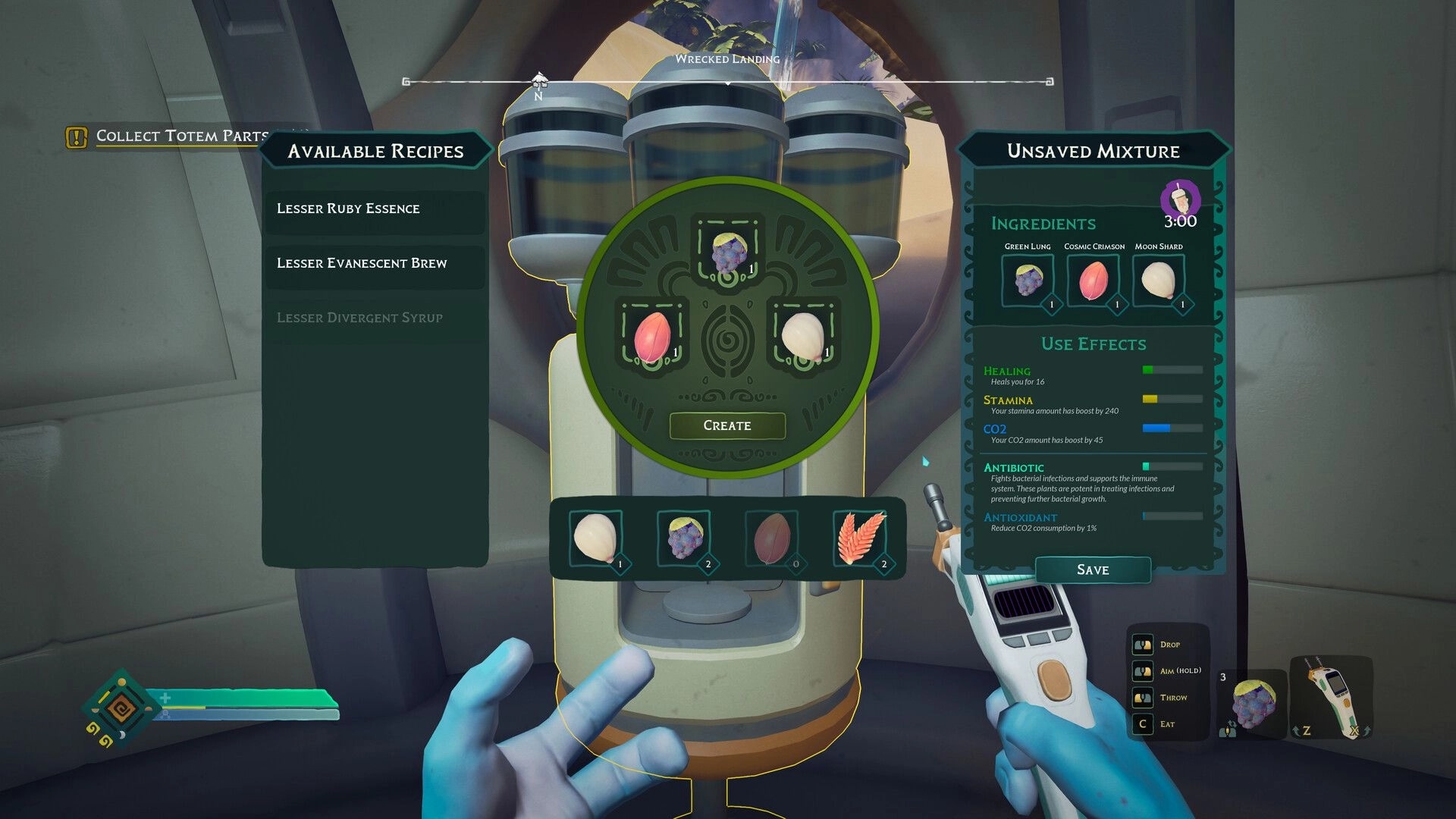 ASTROBOTANICA: Crafting station interface with ingredient selection and available recipes in spaceship lab