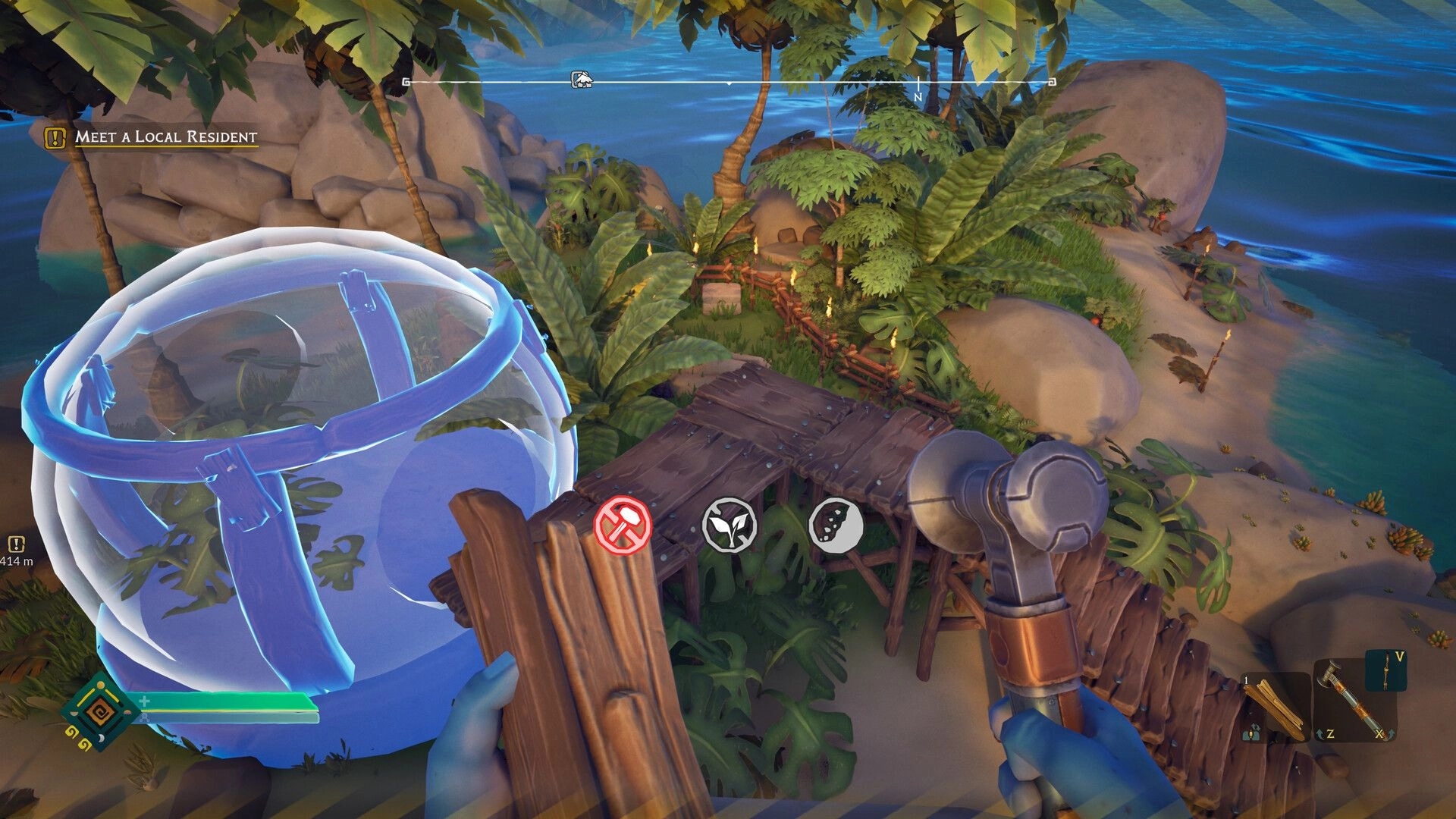 ASTROBOTANICA: Alien biologist holding a tool on a lush island with UI icons visible