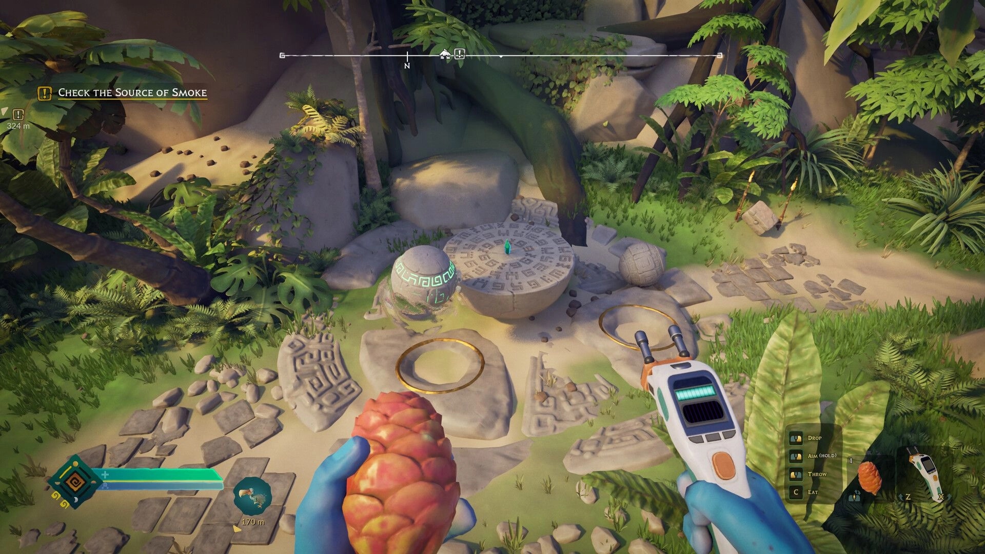 ASTROBOTANICA: Alien examines ancient stone altar in lush jungle with scanner and exotic fruit in hand.