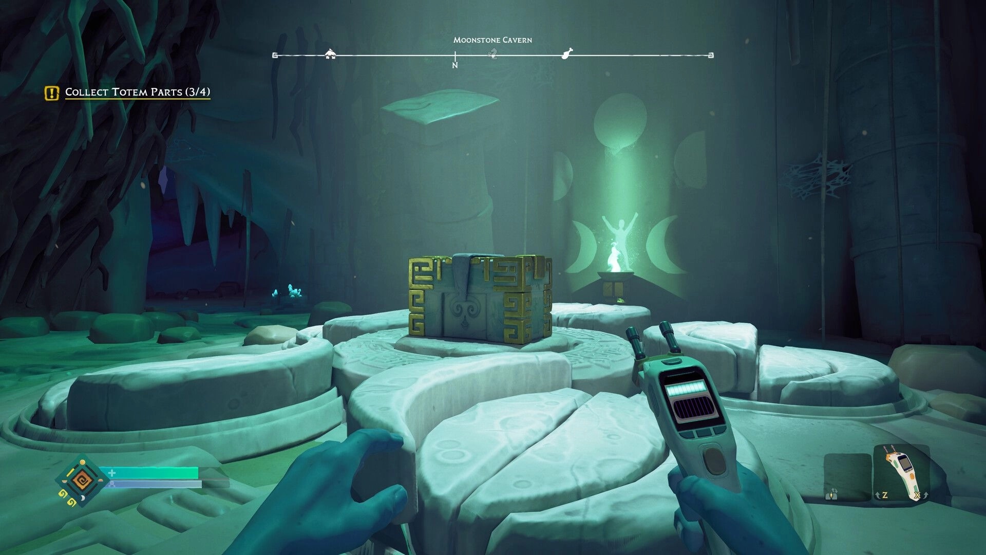 ASTROBOTANICA: Searching Moonstone Cavern with scanner tool, ancient chest on glowing altar nearby