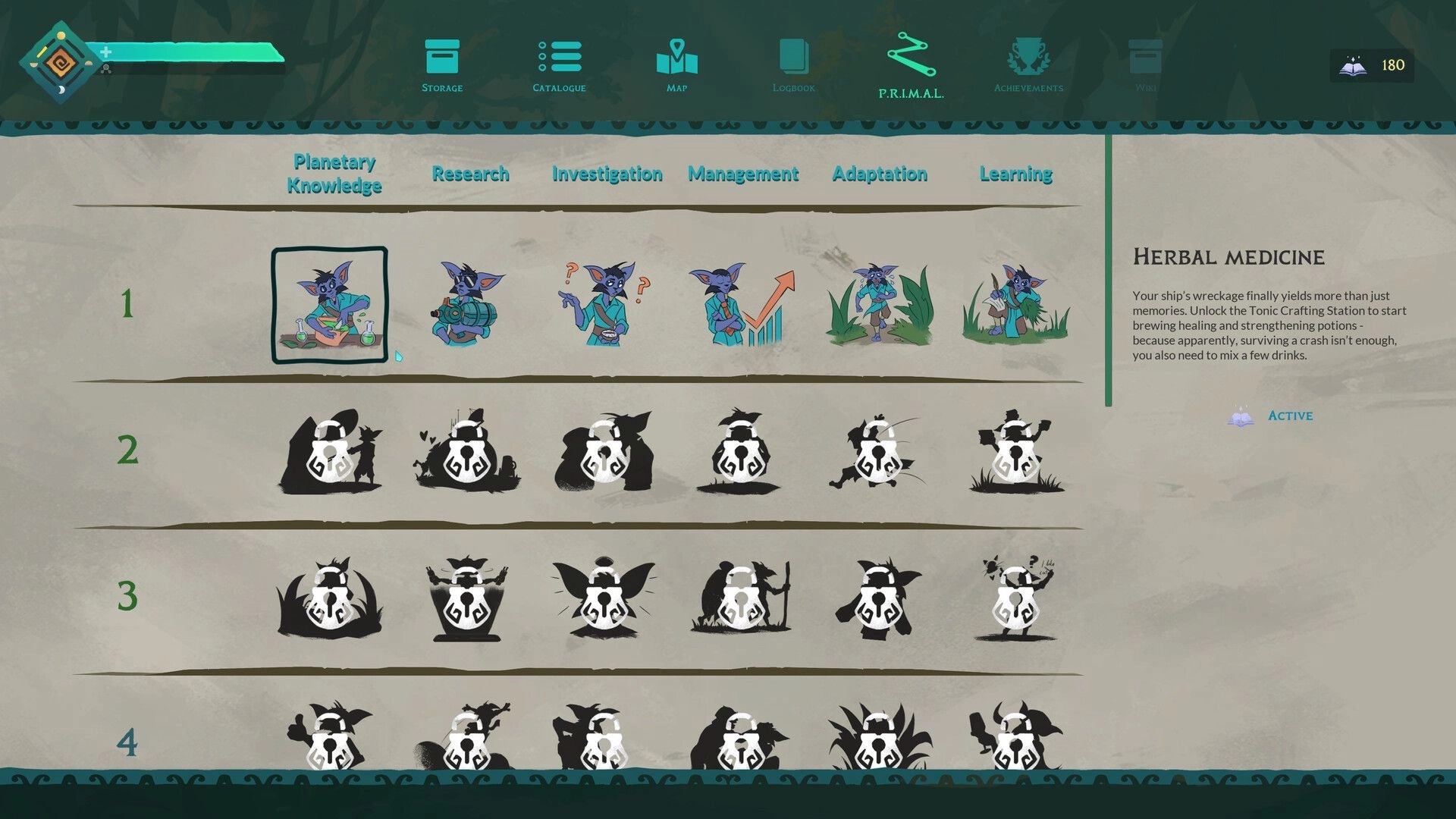 ASTROBOTANICA: Character skill selection screen with planetary knowledge and research categories displayed
