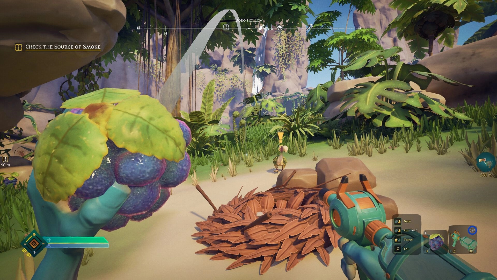 ASTROBOTANICA: Alien holds a plant near a dodo nest in lush jungle, with task to check smoke source.