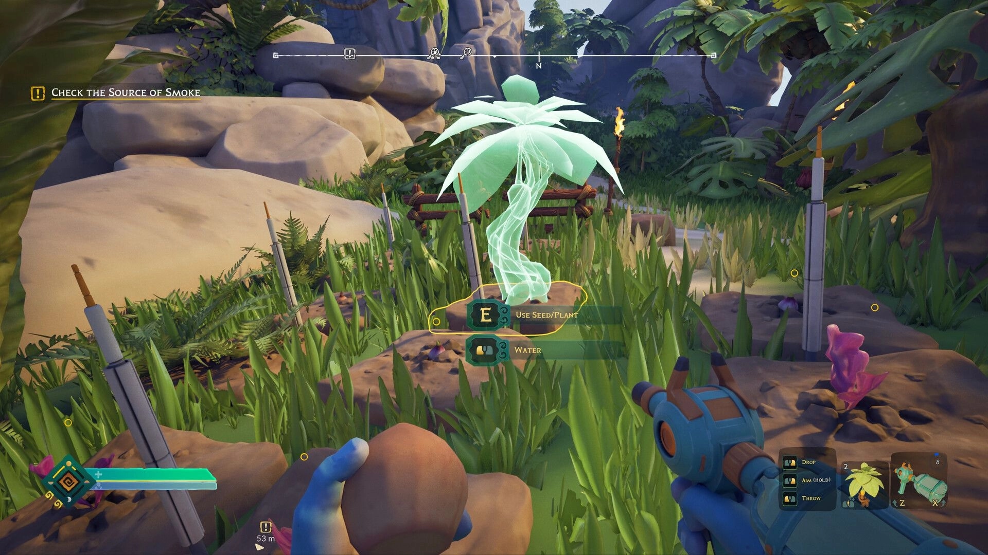 ASTROBOTANICA: Alien biologist planting in jungle clearing, with UI options for planting and watering.